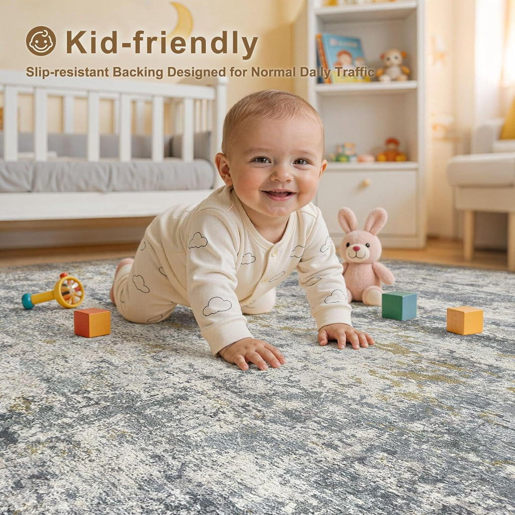 kakania 10x12 Washable Area Rug: Abstract Modern Non Slip Soft Low Pile Carpet, Easy Clean Polyester Kid Pet Friendly, Thin Rug for Living Room Bedroom Kids Dorm Office, Robot Vacuum - Blue Grey