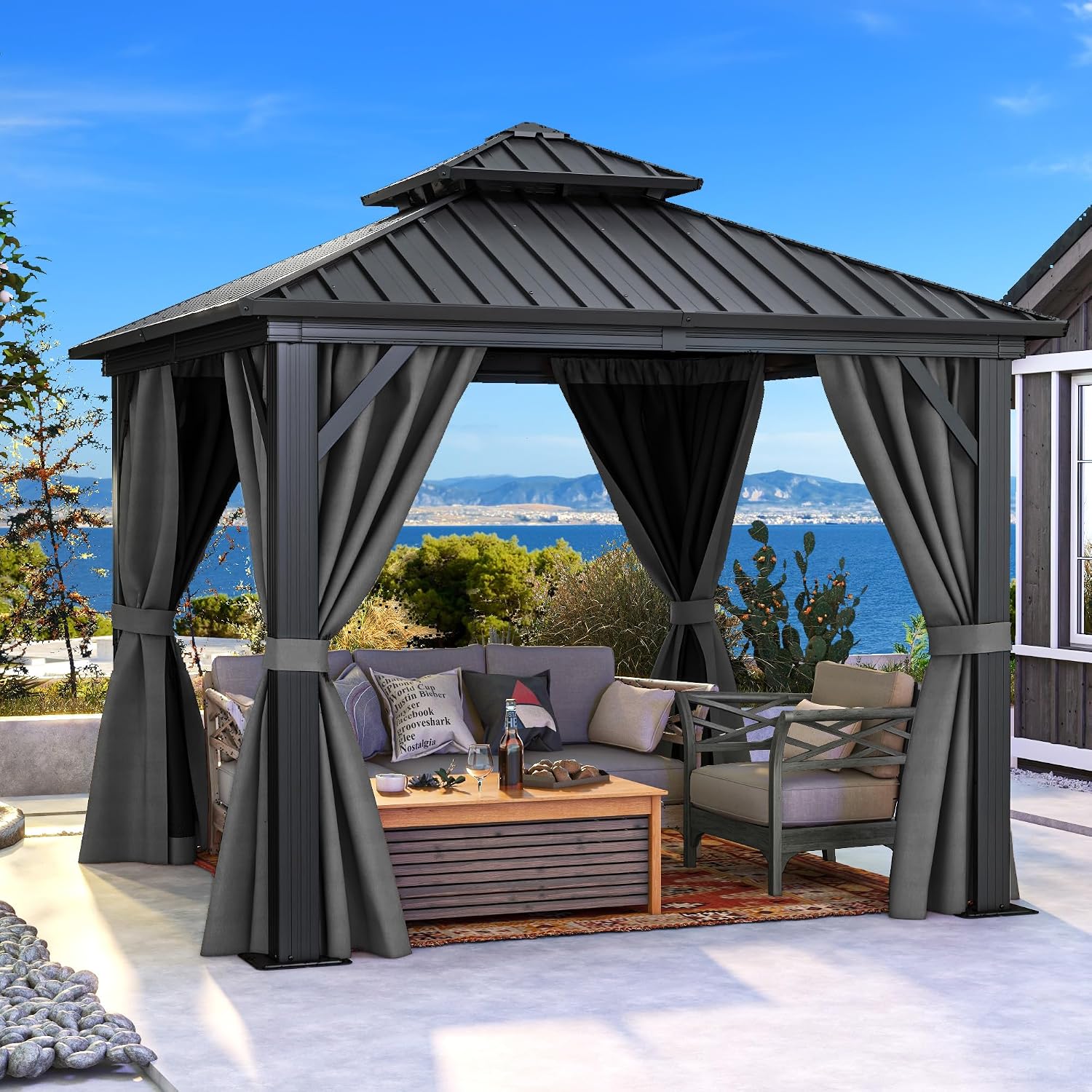 DWVO 10x10ft Gazebo Double Roof Hardtop with Nettings and Curtains, Heavy Duty Galvanized Steel Outdoor Vertical Stripes Roof for Patio, Backyard, Deck, Lawns, Grey