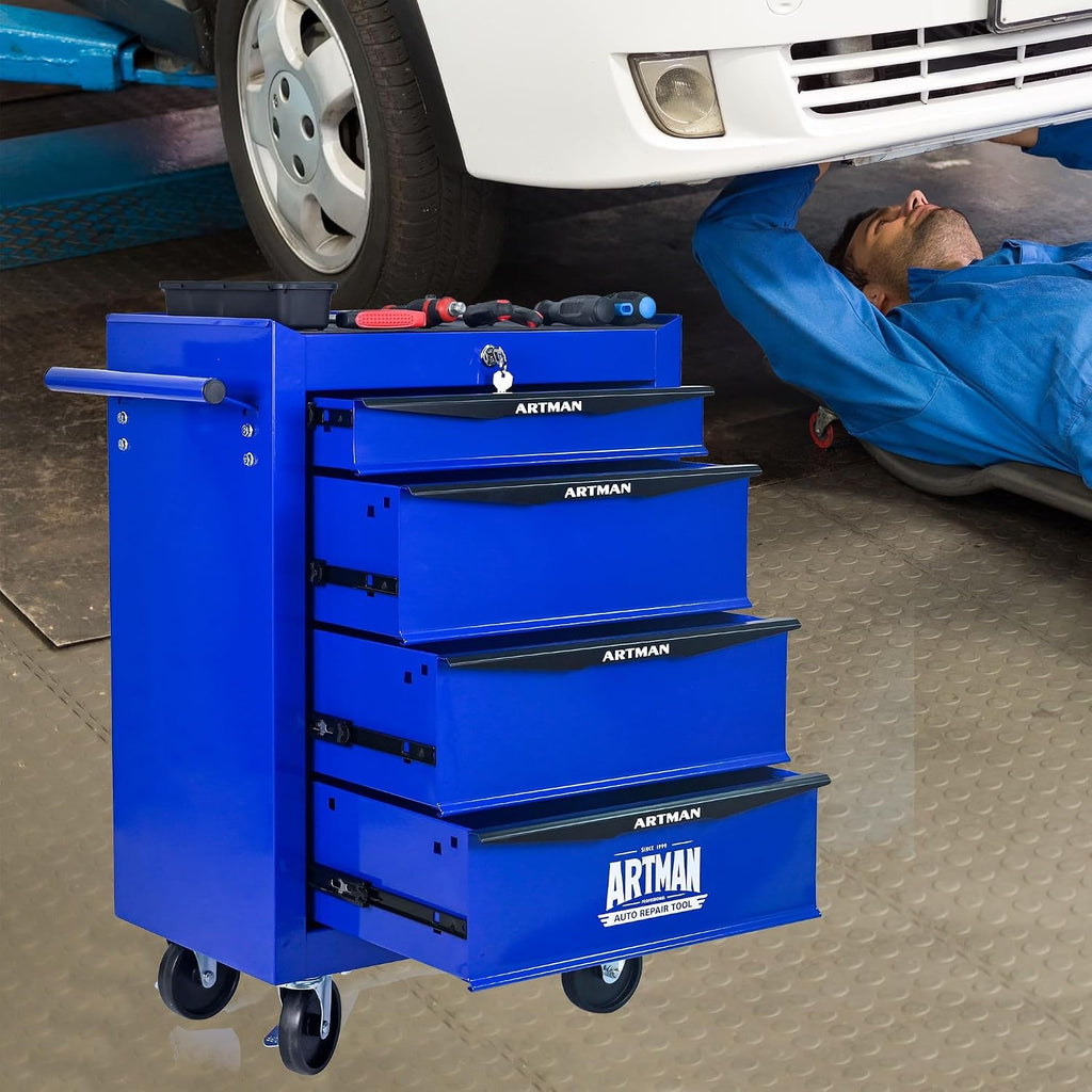 4 Drawers Tool Cart on Wheels, Multifunctional Rolling Tool Chest, Drawers Mobile Trolley Organizer Heavy Duty Tools Box with Locking Wheels & Ball Bearing Drawers (Blue, 4 Drawers)