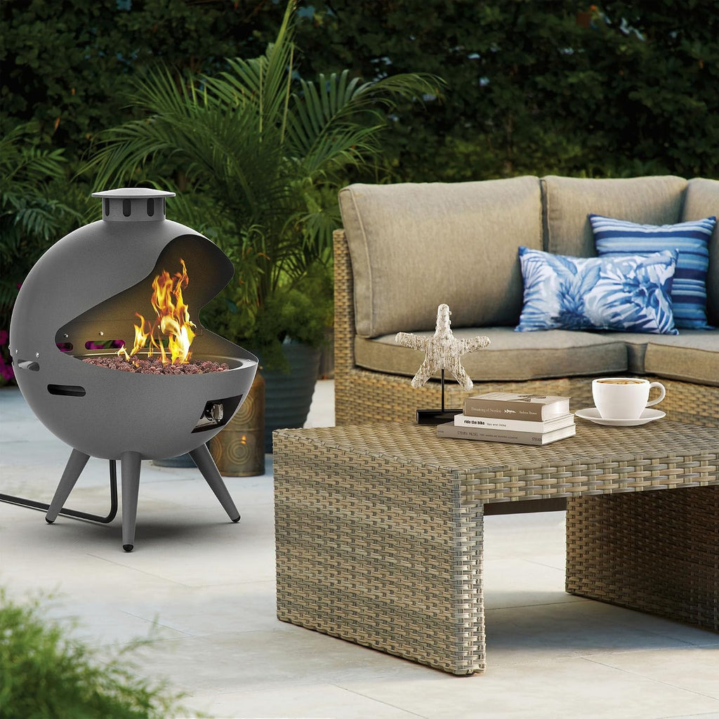 24-Inch Chimenea Propane Fire Pit with Natural Gas Conversion Kit, 55,000 BTU Gas Fire Pit, Hemispherical 3-Legged Firepit with Lava Rocks and Rain Cover, Gray