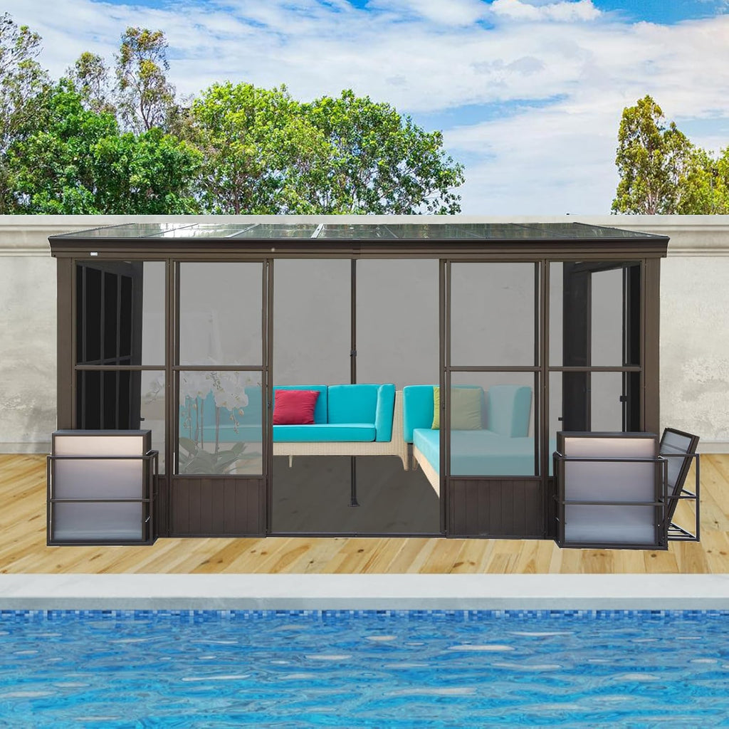 10x14FT Sunroom Kit, Wall Mounted Sunroom, Outdoor Permanent Houses with Detachable Polycarbonate Windows, Lean to Gazebo Sun Room with 2 Lockable Sliding Doors