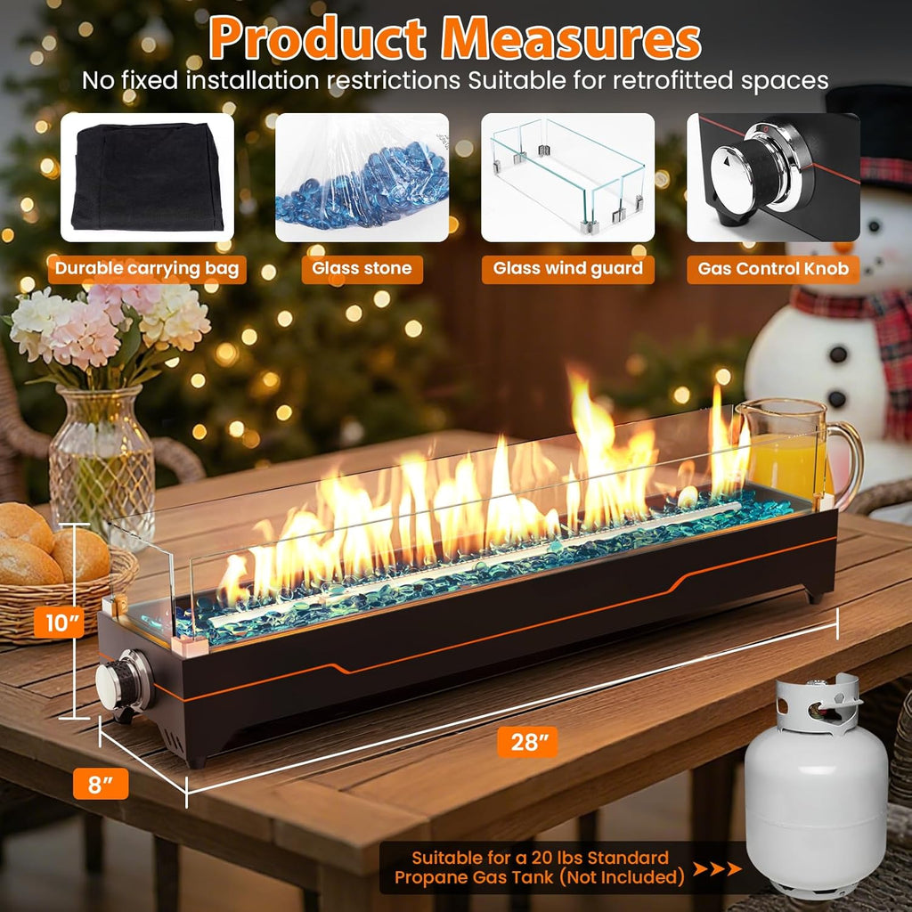 GRISUN Tabletop Fire Pit,28 Inch Propane Fire Pit Table,45000 BTU Table Top Firepit with Glass Wind Guard,Stainless Steel Burner,Fire Glass,Portable Propane fire Pit for Patio, Camping, Backyard & RV