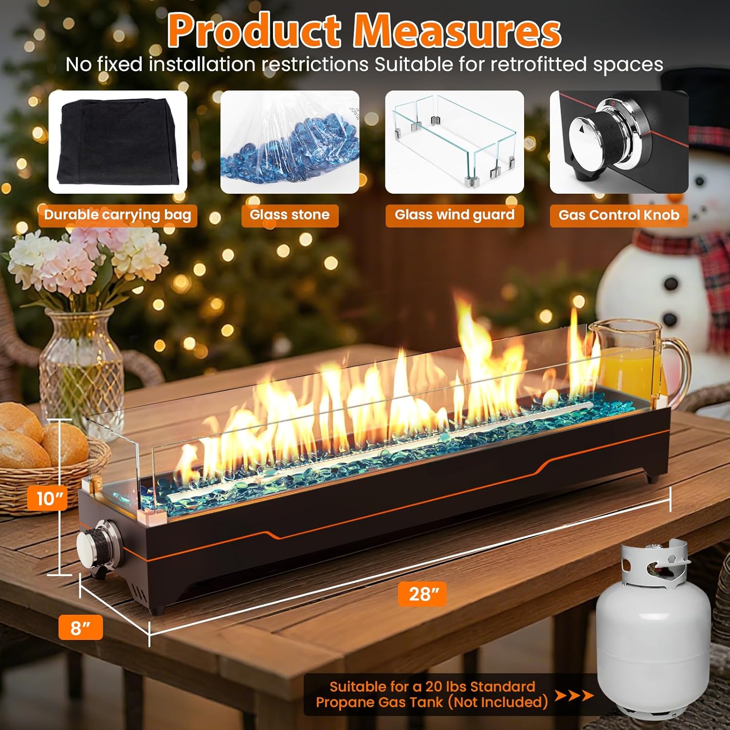 GRISUN Tabletop Fire Pit,28 Inch Propane Fire Pit Table,45000 BTU Table Top Firepit with Glass Wind Guard,Stainless Steel Burner,Fire Glass,Portable Propane fire Pit for Patio, Camping, Backyard & RV