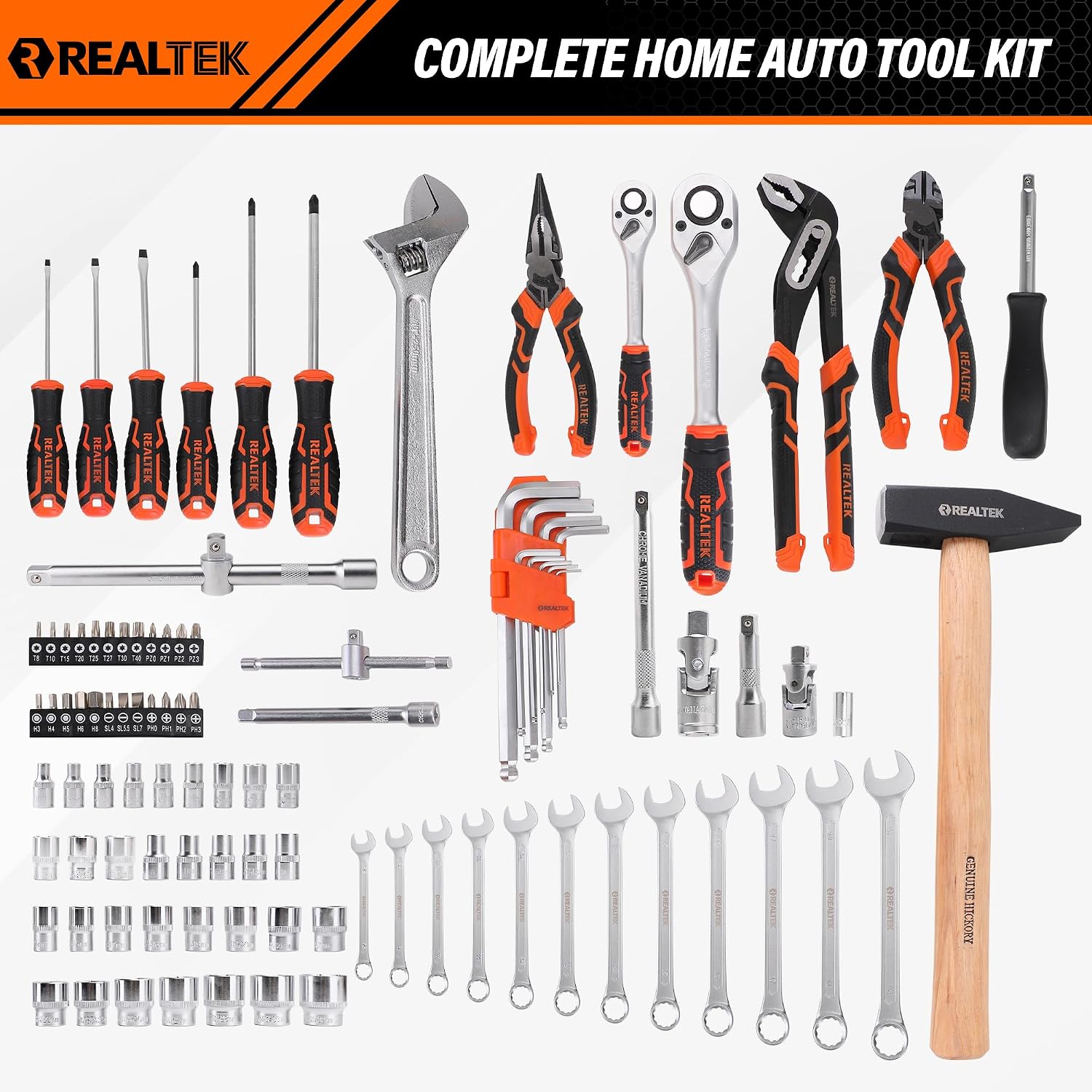 REALTEK 100 Piece Mechanic Tool Set, Car Tool Kit, Cr-V Socket Wrench Auto Repair Kit Includes Socket Accessories, Pliers, Heavy Hammer, Screw Drivers, General Households Tools with Larger Case