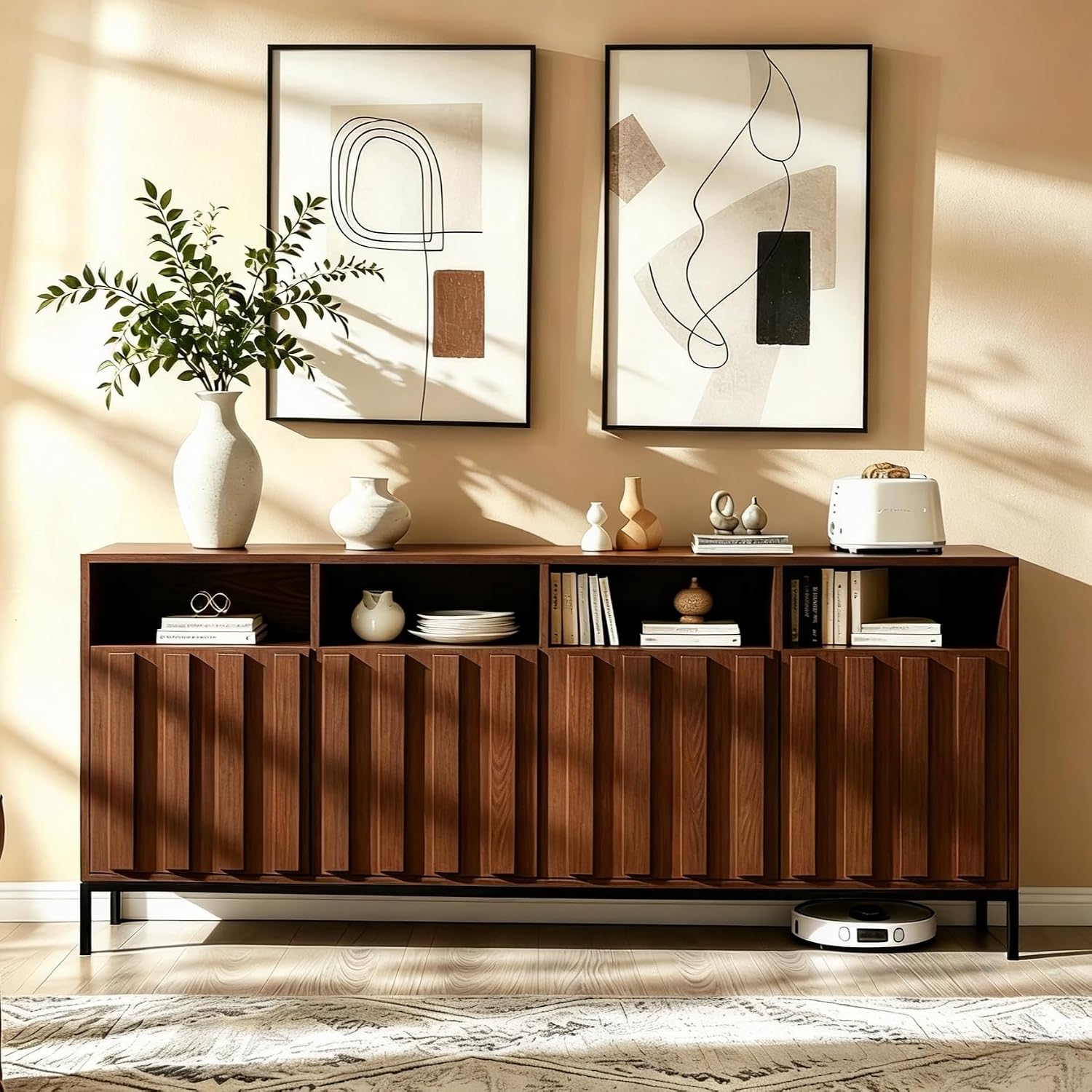 COCO DESIGN 70' Fluted TV Stand with Power Outlet for TVs up to 80', Modern Entertainment Center with Adjustable Shelves, Media Console Table with Storage for Living Room, Walnut