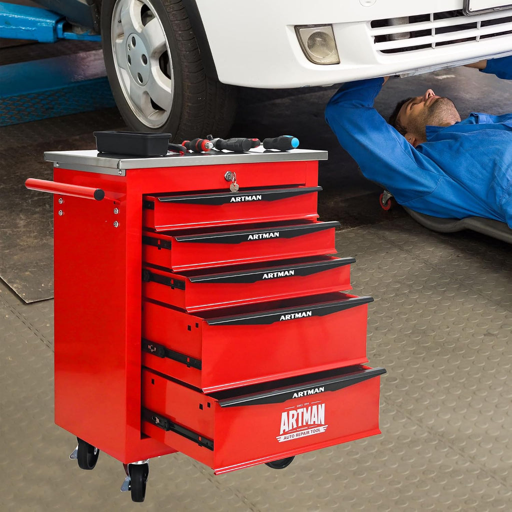 5 Drawers Rolling Tool Box on Wheels, Stainless Steel Countertop Tool Chest Cabinet with Lock, Drawers Rolling Tool Cart Trolley Organizer Tool Case for Garage,Warehouse (Red)