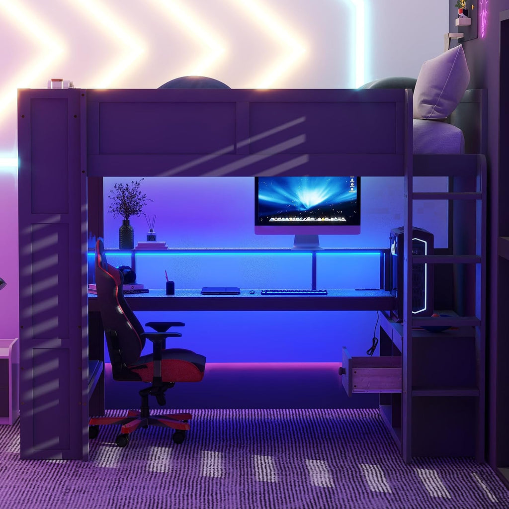 SOFTSEA Full Size Gaming Loft Bed with Desk, Wood Loft Bed with USB Ports, LED Lights, Gaming Lofts Bed with Multi-Storage Shelves & Under-Bed Space for Adults Kids Teens, No Noise, Gray