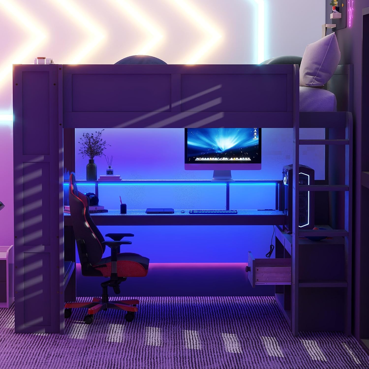 SOFTSEA Full Size Gaming Loft Bed with Desk, Wood Loft Bed with USB Ports, LED Lights, Gaming Lofts Bed with Multi-Storage Shelves & Under-Bed Space for Adults Kids Teens, No Noise, Gray
