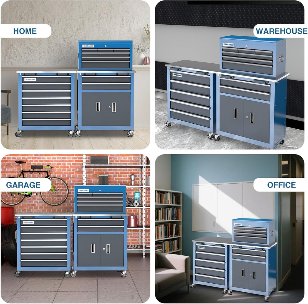 LARBANKE 5-Drawer&8-Drawer Tool Chest combination,with Universal Brake Wheels and Padded Feet,Tool Cabinet with Stainless Tabletop,Rolling Tool Chest Can be Connected Together with Connectiong Buckle