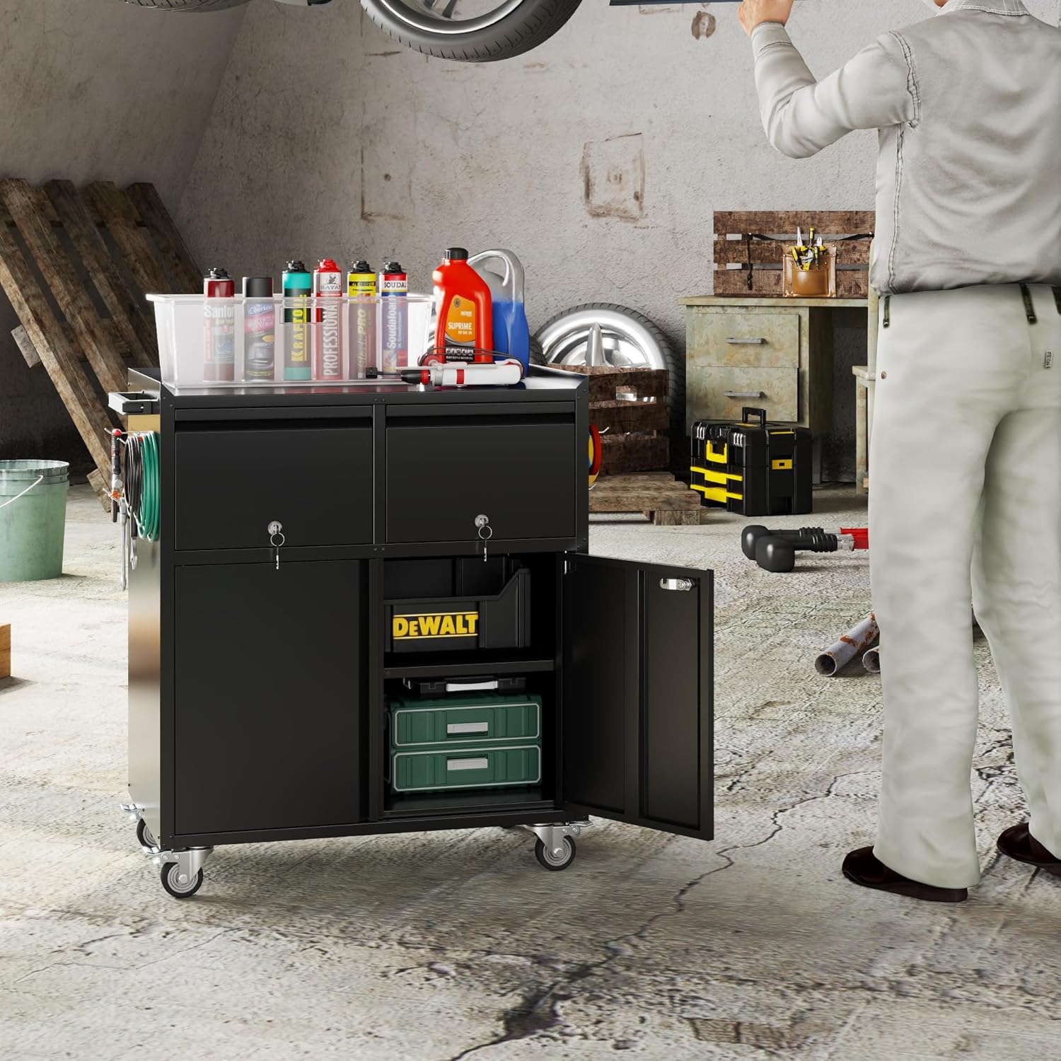 Metal Garage Storage Cabinet with Wheels, Rolling Tool Cabinet with Adjustable Shelf, 2 Drawers and 2 Doors for Tools, Garage,Workshop, Black, Assembly Required