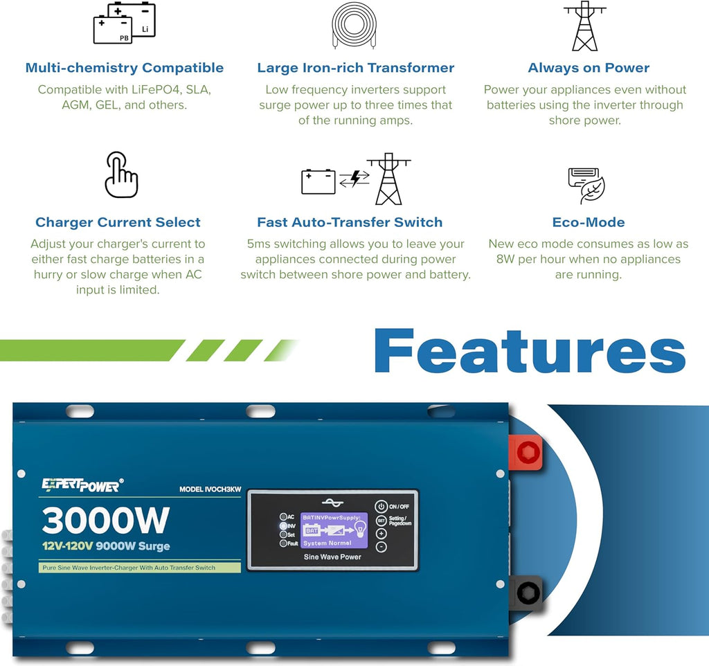 ExpertPower 3000W Pure Sine Wave Inverter Charger | Peak 9000W | DC 12V - AC 110V | LifePO4/ Lithium Battery Compatible | Auto Transfer Switch | LCD Display
