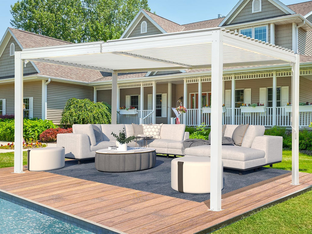 Domi Louvered Pergola 10X16FT, Aluminum Pergola with Adjustable Louvered Roof and Drainage Gutter, Outdoor Gazebo for Patio, Backyard, Deck, White