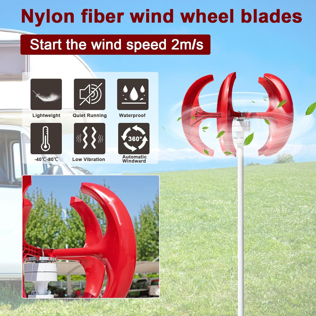 1000W Wind Turbines | 2V/24V Wind Turbines Generator | 5-Blade Lantern Wind Generator | Electromagnetic Electricity Producer Equipment Red | for Home Hybrids Streetlight Use,Electricity Equipment