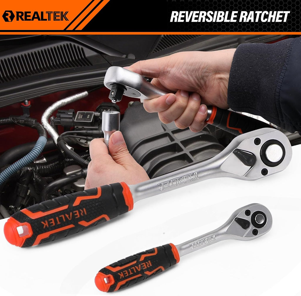 REALTEK 100 Piece Mechanic Tool Set, Car Tool Kit, Cr-V Socket Wrench Auto Repair Kit Includes Socket Accessories, Pliers, Heavy Hammer, Screw Drivers, General Households Tools with Larger Case