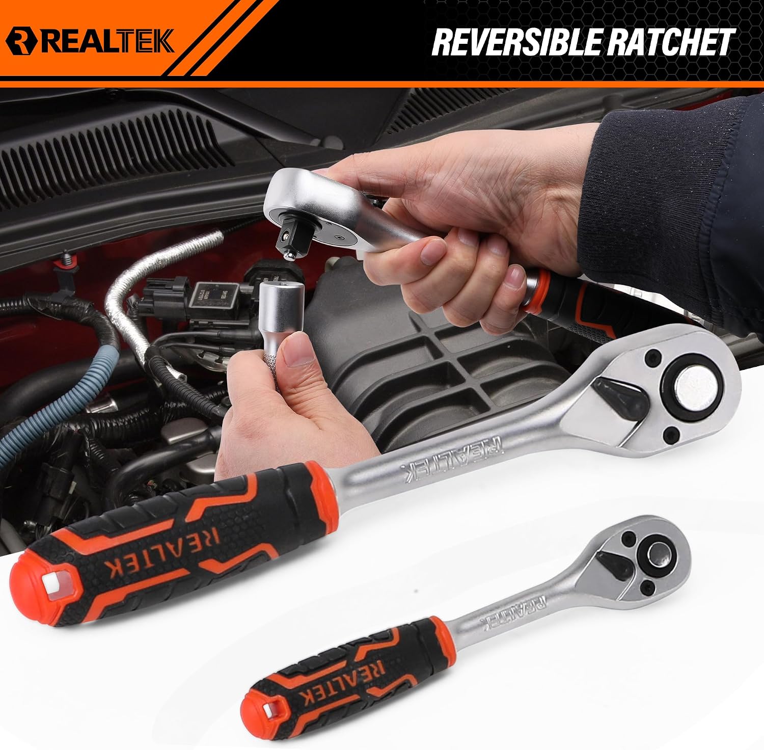 REALTEK 100 Piece Mechanic Tool Set, Car Tool Kit, Cr-V Socket Wrench Auto Repair Kit Includes Socket Accessories, Pliers, Heavy Hammer, Screw Drivers, General Households Tools with Larger Case