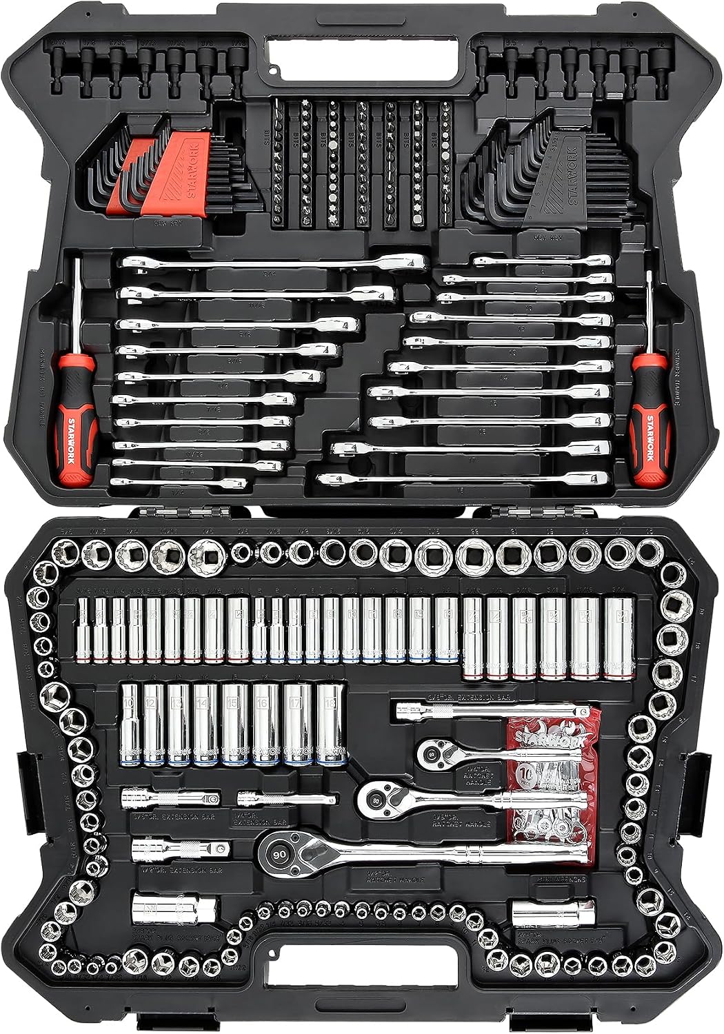 STARWORK TRUE MECHANIC 303-Piece Mechanics Tool Set and Socket Set, 1/4', 3/8', 1/2' Drive, Professional, SAE/Metric