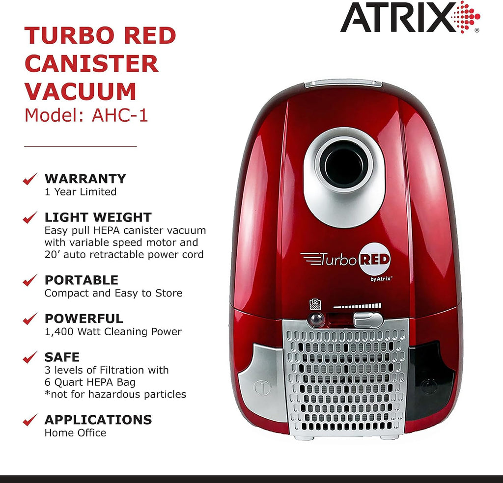 Atrix Turbo Red AHC-1 HEPA Canister Vacuum Cleaner – Powerful 1,400W Variable Speed Motor, Lightweight 6-Quart Bag Design, 3-Stage Filtration, Telescopic Wand, Full Bag Indicator & Accessory Kit