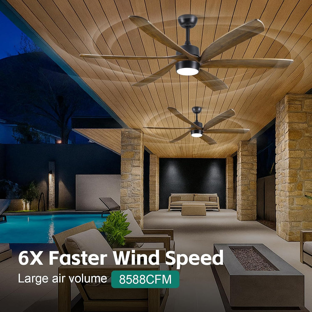 Outdoor Ceiling Fan with Light Remote, 60' Rustic Farmhouse Ceiling Fan with Light 6 Wood Blade Quiet Reversible Energy Efficient DC Motor, Damp-rated for Indoor Exterior Patio Porch Bedroom Garage