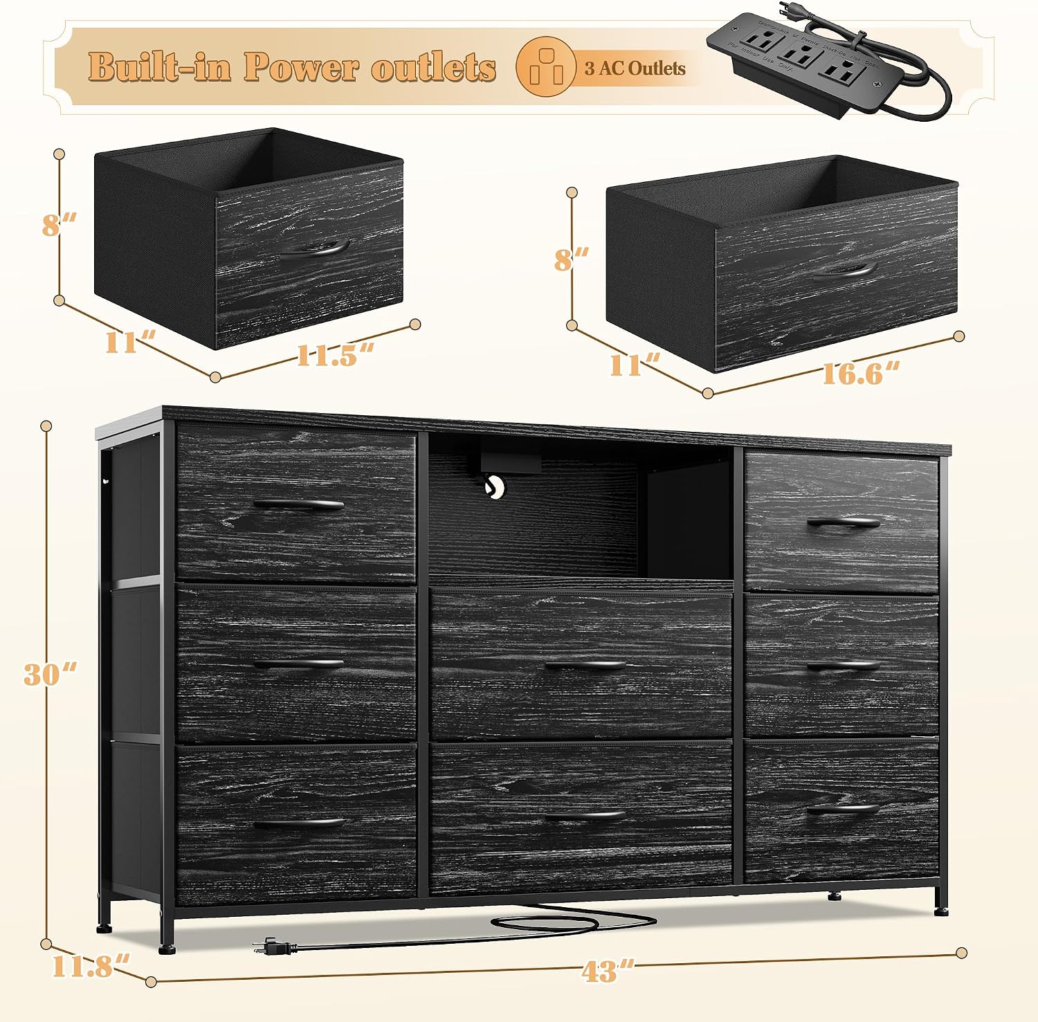 EnHomee Black Dresser for Bedroom with Charging Station, 8 Drawers Dressers & 55 inch TV Stand for Bedroom, Fabric Chest of Drawers with Open Shelves, Sturdy Dresser for Living Room, Hallway