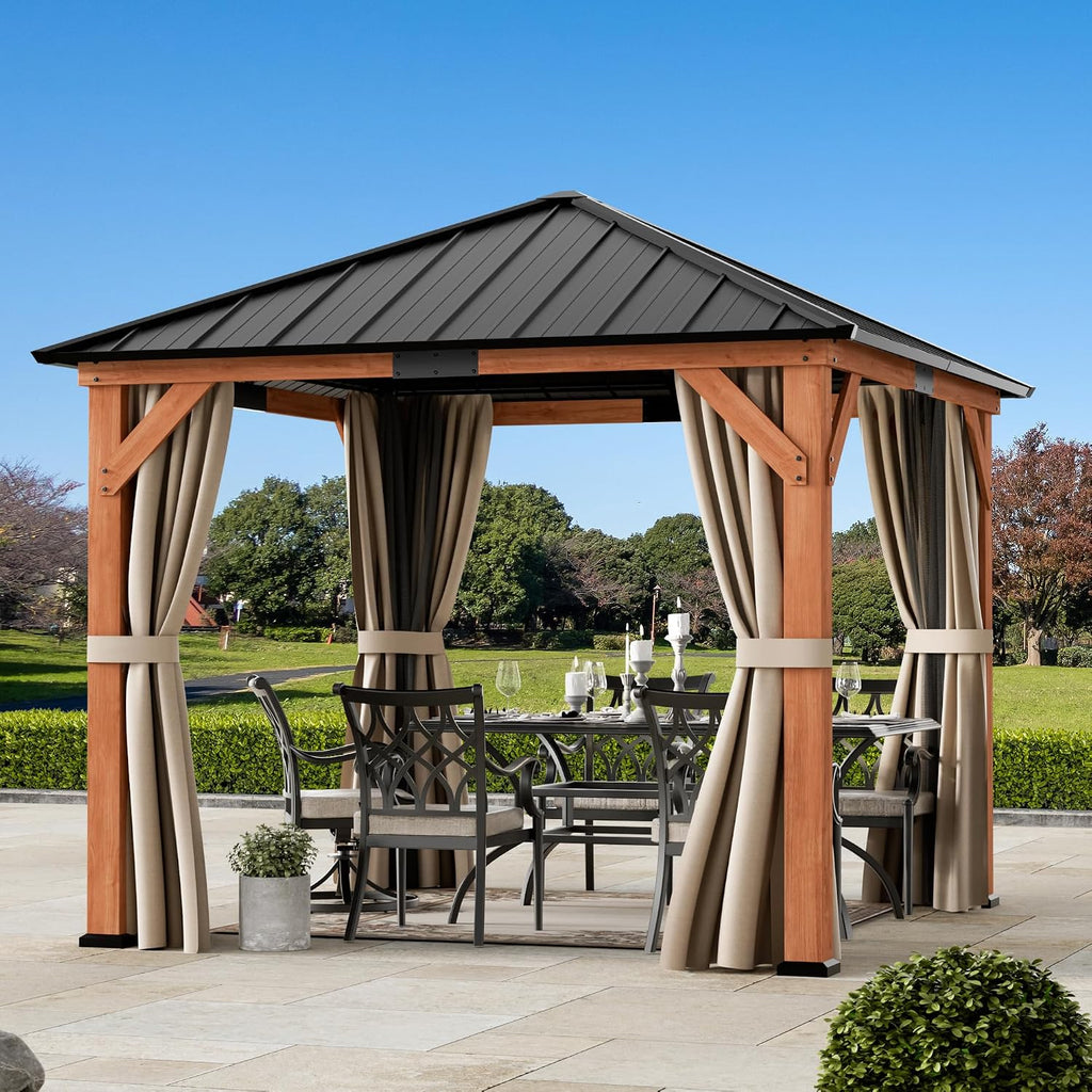 Big Leaf 10'x10' Wood Gazebo with Galvanized Steel Roof - Hardtop Gazebo with Cedar Frame Permanent Hardtop with Mosquito Netting & Curtains for Garden, Backyard and Patio
