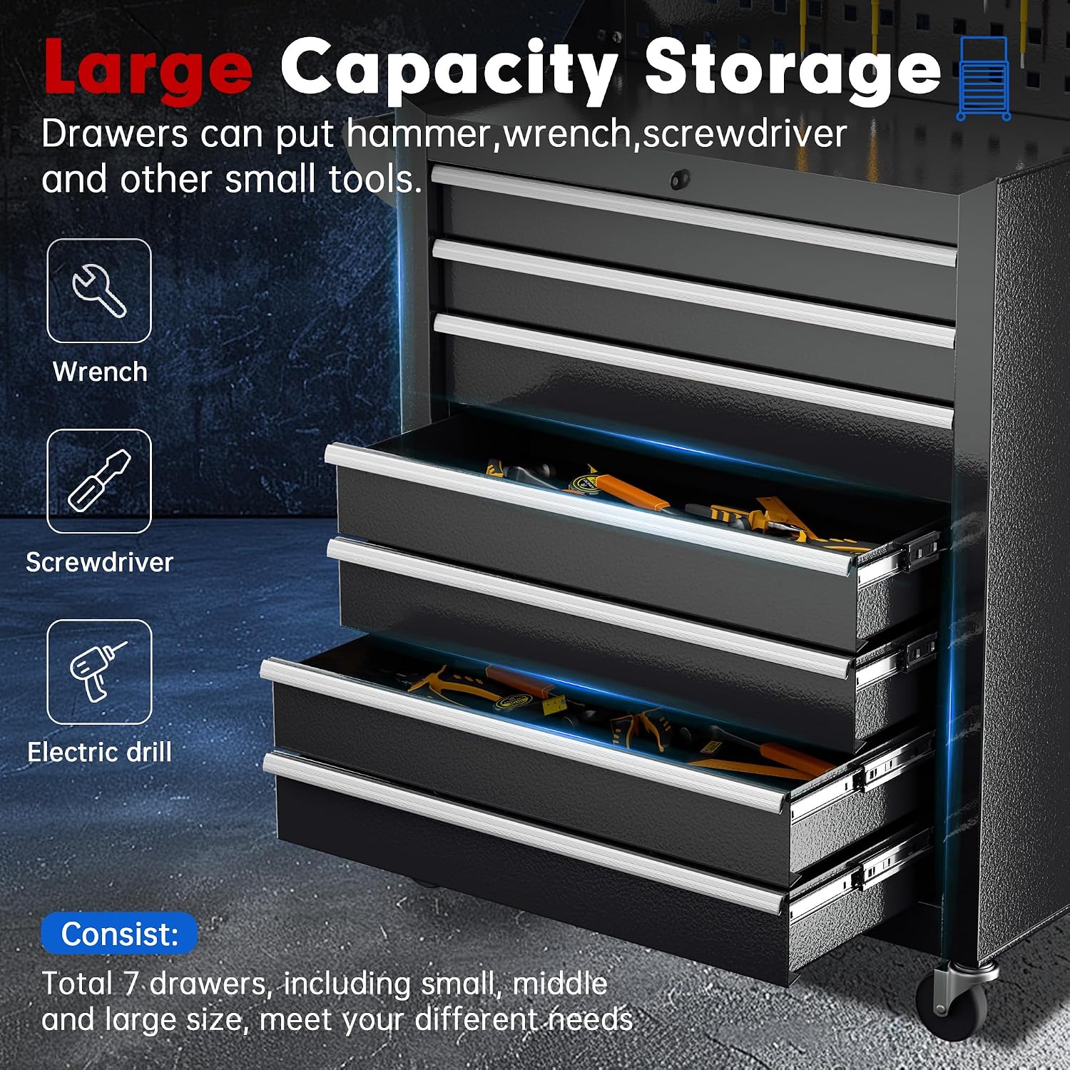 Superday Rolling Tool Chest, 7 Drawer Portable Tool Chest with Wheels, Tool Storage Cabinet with Lock for Garage, Steel Tool Cart with Pegboard & Hooks for Workshop, Warehouse (Black)