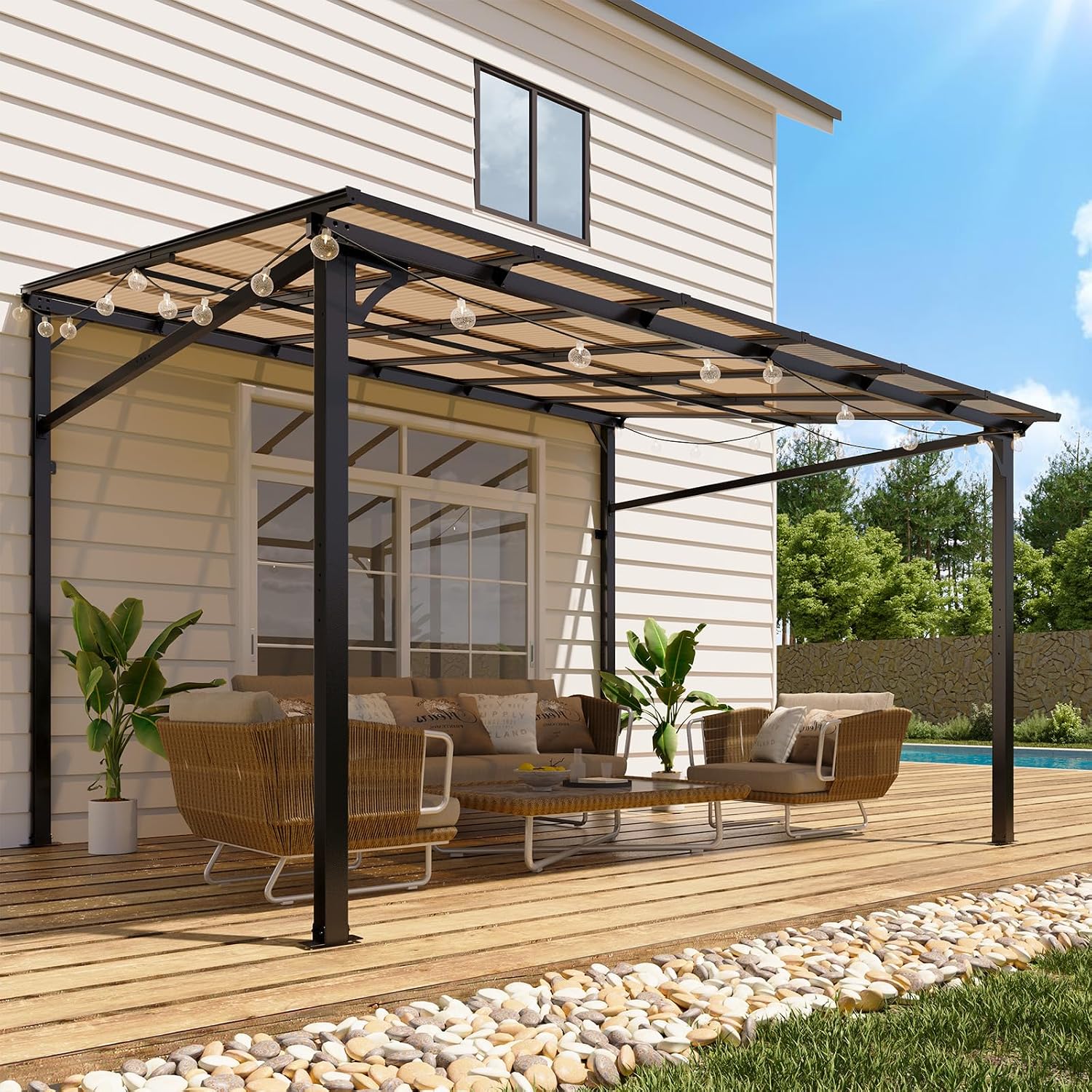 10 Ft x 12 Ft Lean to Gazebo - Hardtop Gazebo Wall Pergola with Polycarbonate Roof, Aluminum Frame Mounted for Lawn, Patio, Deck & Party