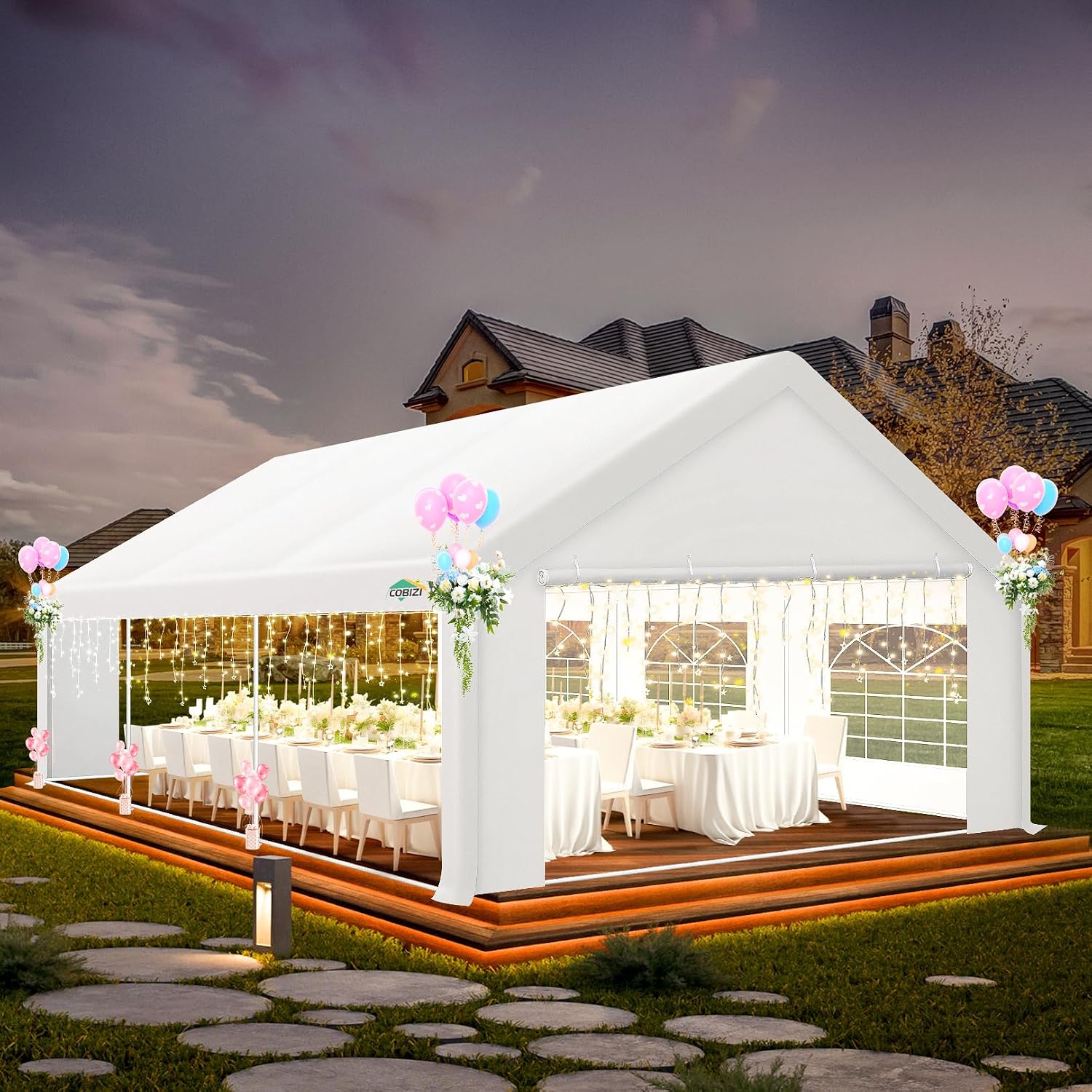 COBIZI 20x20 FT Party Tent Heavy Duty, Large Outdoor Event Tents for Parties with 6 Sidewalls & Built-in Sandbags,Waterproof Wedding Canopy Gazebo Temporary Shelter,Carport,Patio,Windproof White