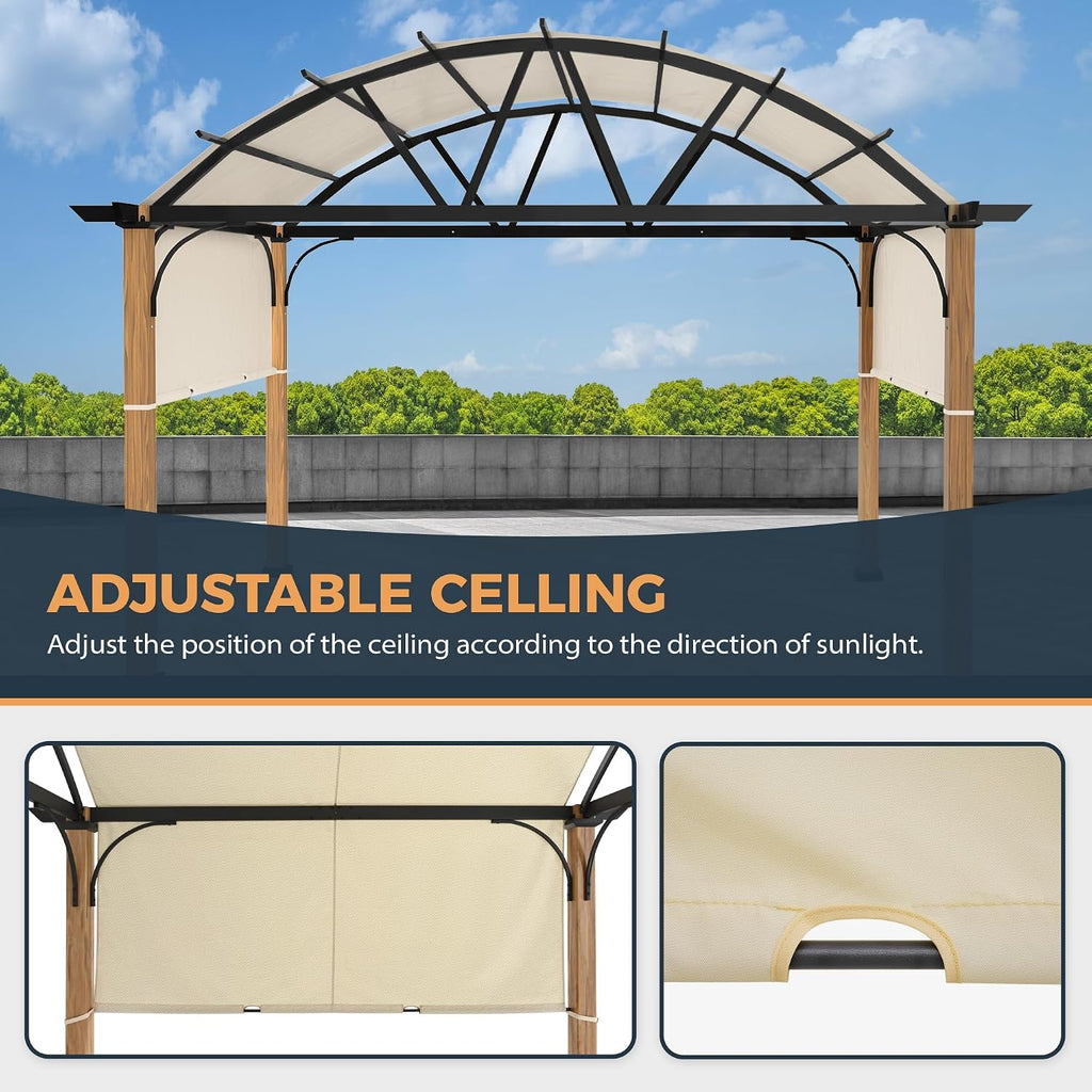 HAPPATIO 10' X 13' Outdoor Pergola with Sling Retractable Canopy, Wood-Like Aluminum Patio Pergola Shade for Patio, Backyard, Garden,Poolside