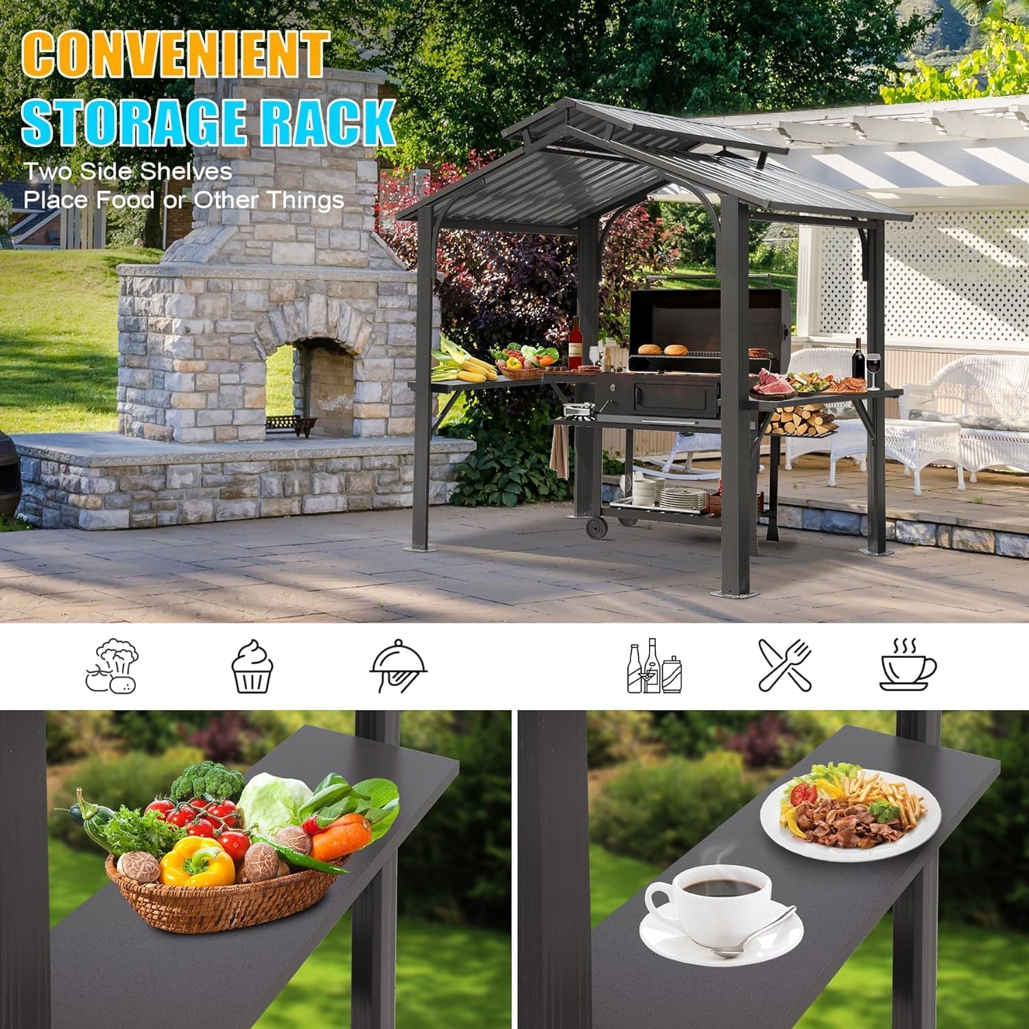 【LuckyNote】8×5FT Hardtop Grill Gazebo, Outdoor BBQ Gazebo w/Galvanized Steel Double Roof, Permanent Sun Shade Grill Canopy Shelter with 2 Side Shelves and Ceiling Hook for Patio Deck,2 parcels (Grey)