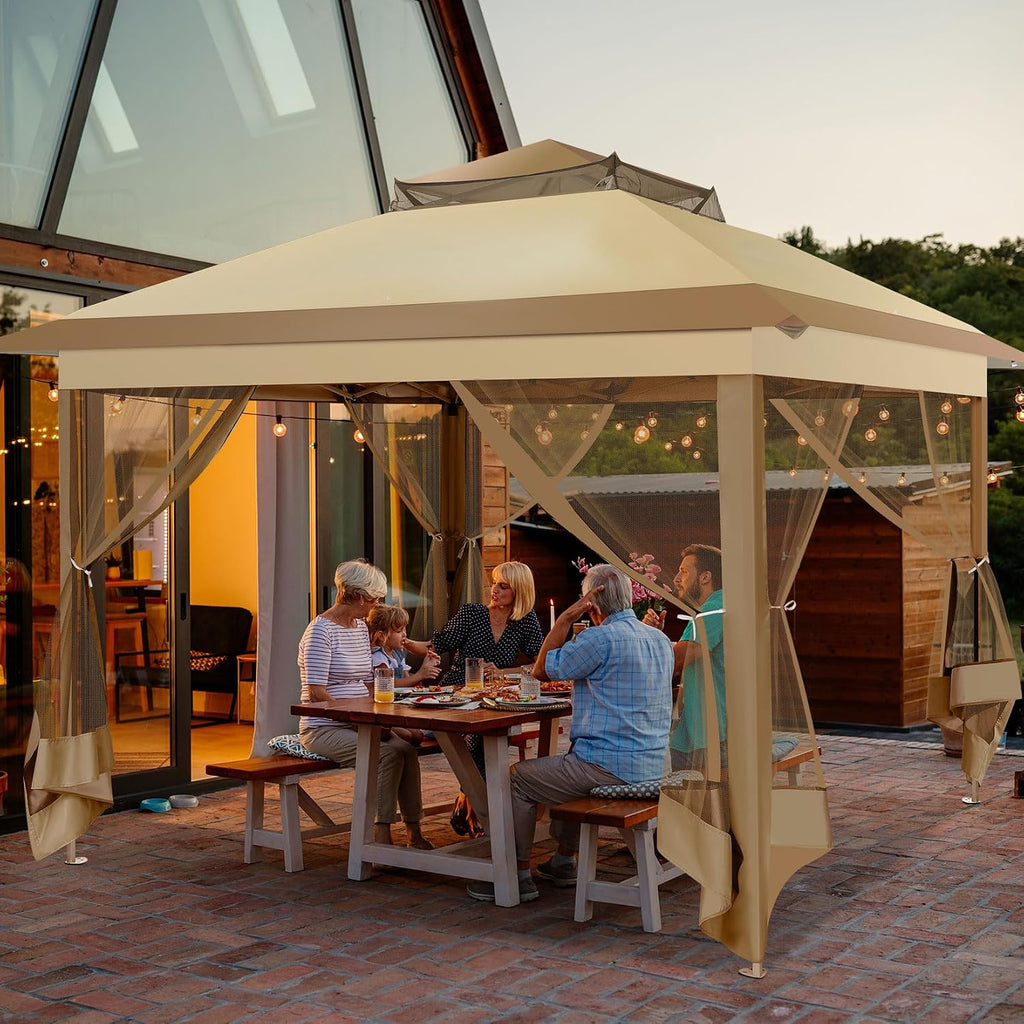 COBIZI Pop Up Gazebo 11x11 One-Push Canopy Tent, Carpas Para Patio, Outdoor Canopy Shelter with Double Roof Ventiation 121 Square Feet of Shade for Lawn, Garden, Backyard and Deck, Khaki(Upgraded 2.0)