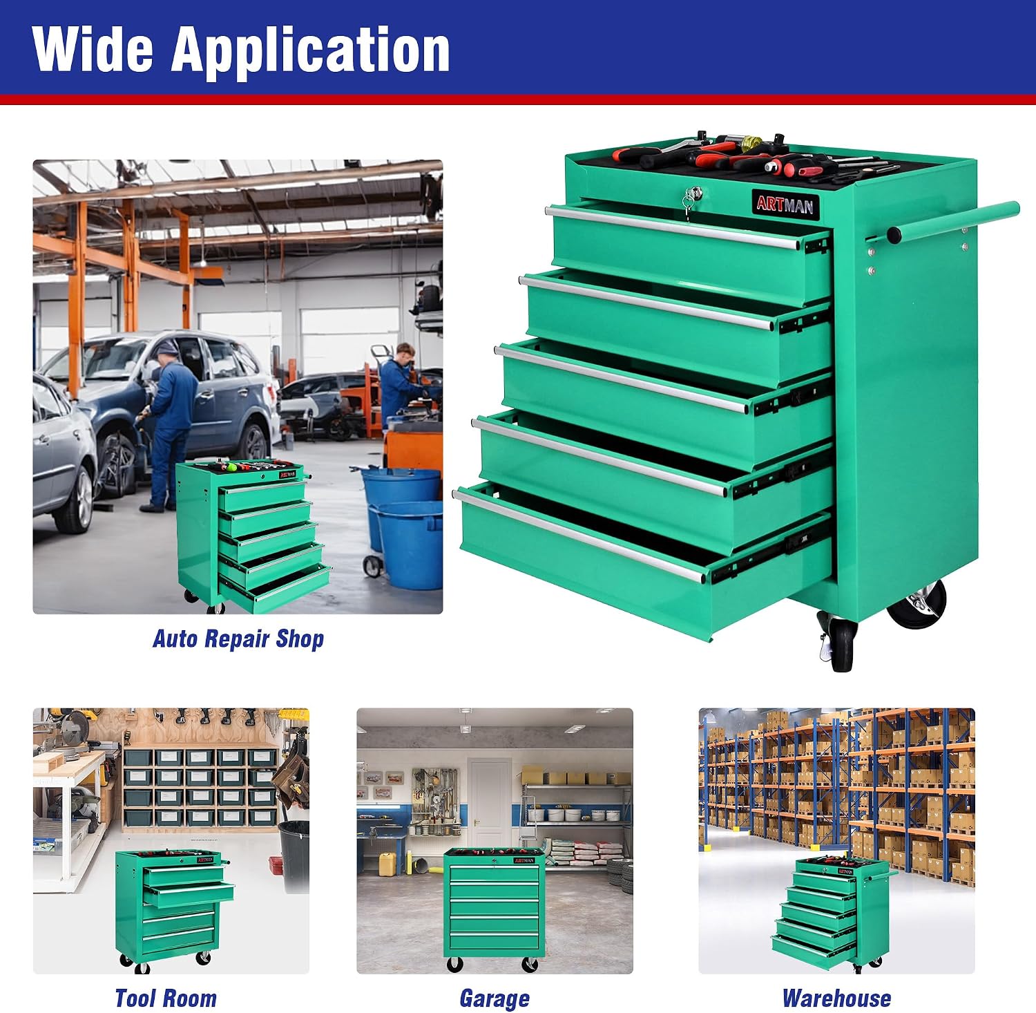5 Drawers Tool Cart on Wheels, 5 Drawer Rolling Tool Chest with Key Lock, Trolley Organizer Tool Case, Multifunctional Rolling Tool Box for Garage,Warehouse,Workshop,Repair Shop (Green)