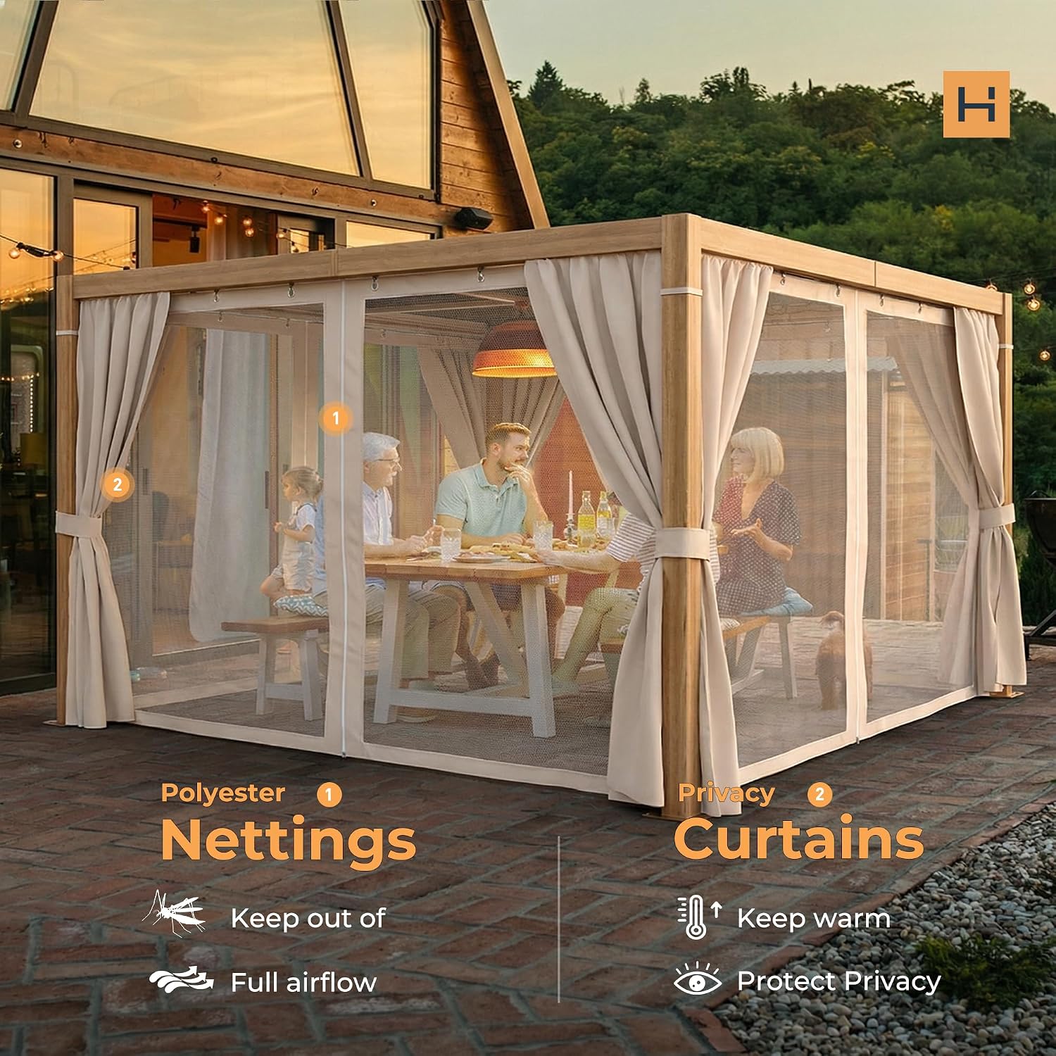 HAPPATIO Louvered Pergola 10' x13' Outdoor, Woodgrain-Look Aluminum Frame with Adjustable Rainproof Roof, Patio Pergola with Curtains and Mosquito Nets, Aluminum Frame for Patio, Backyard, Deck