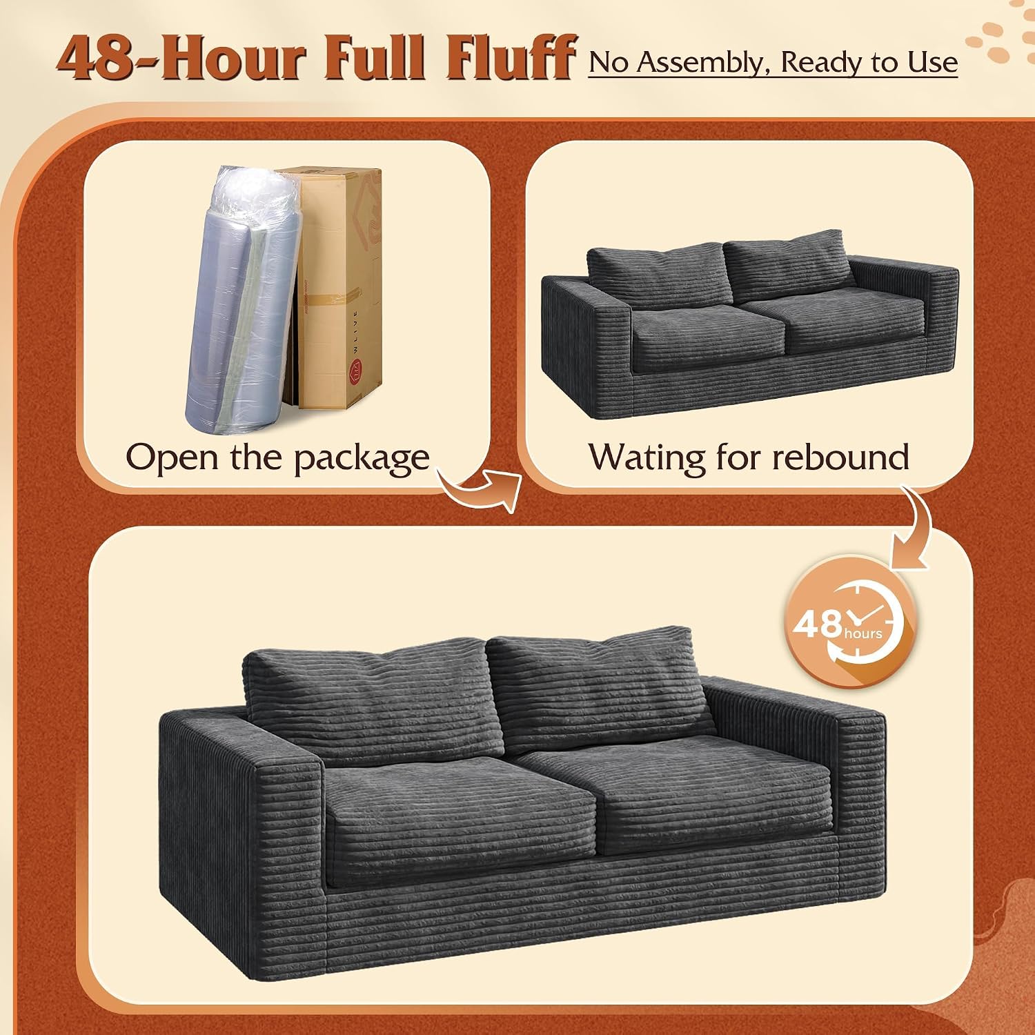WLIVE 82'' Boneless Loveseat, Couches for Living Room, Bean Bag Couch for Adults, with Pillows, Giant Floor Couch, Plush Sofa, Grey, Loveseat
