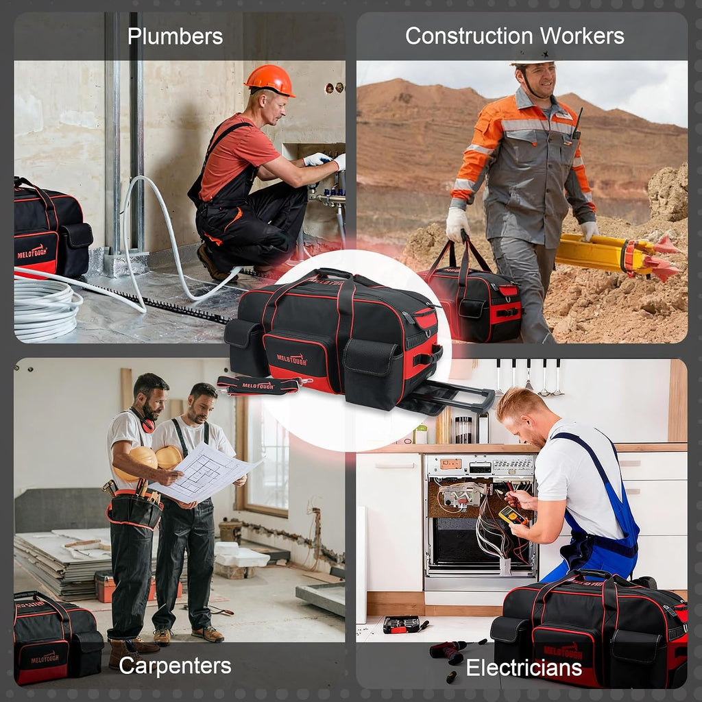 MELOTOUGH Rolling Tool Bag with Wheels,Large Capacity Tool Bag Organizer with Concealed Telescoping Handle for Electrician,Construction,HVAC,Technician (Red/Black)