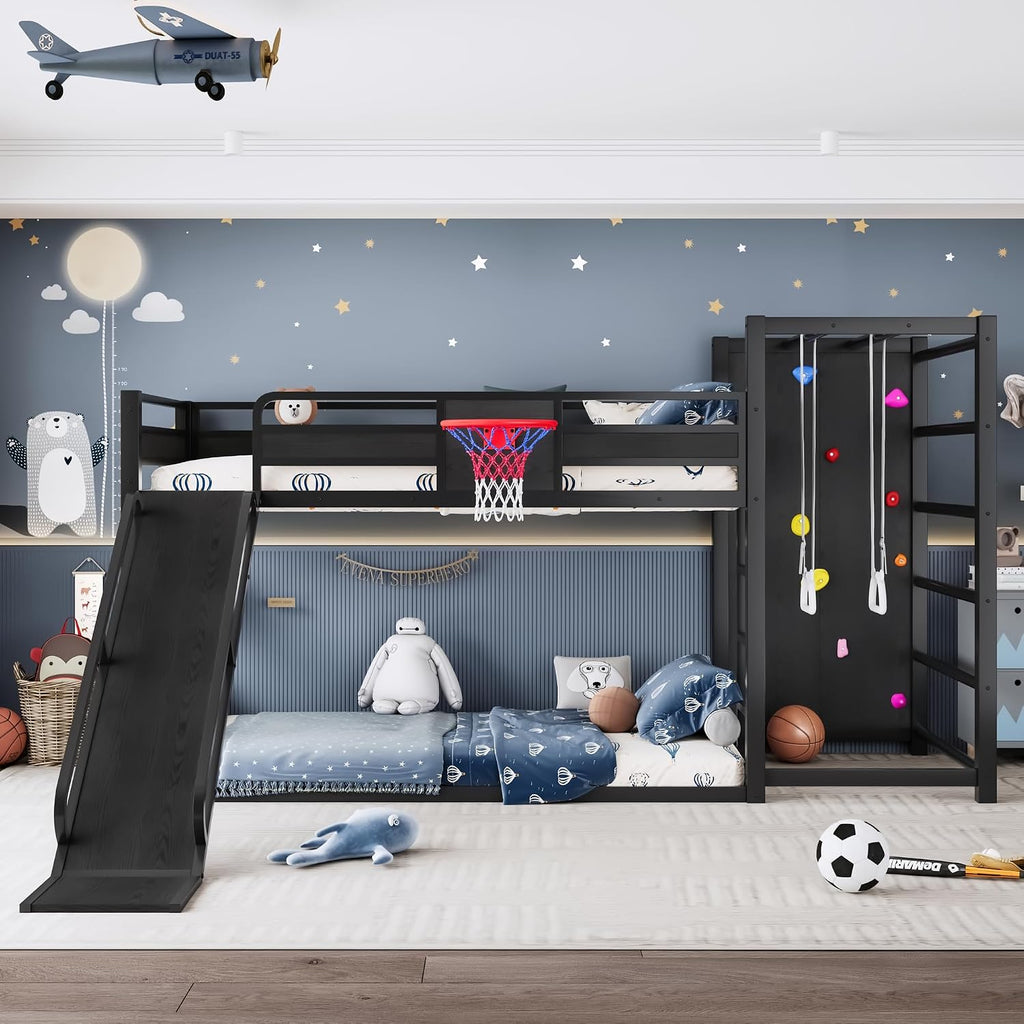 SOFTSEA Twin XL Metal Loft Bed with Slide & Basketball Hoop, Heavy Duty Bunk Bed with Storage Shelves, Climbing Wall & Pull Up Rings, Playful Basketball Slide Bed Frame, Black
