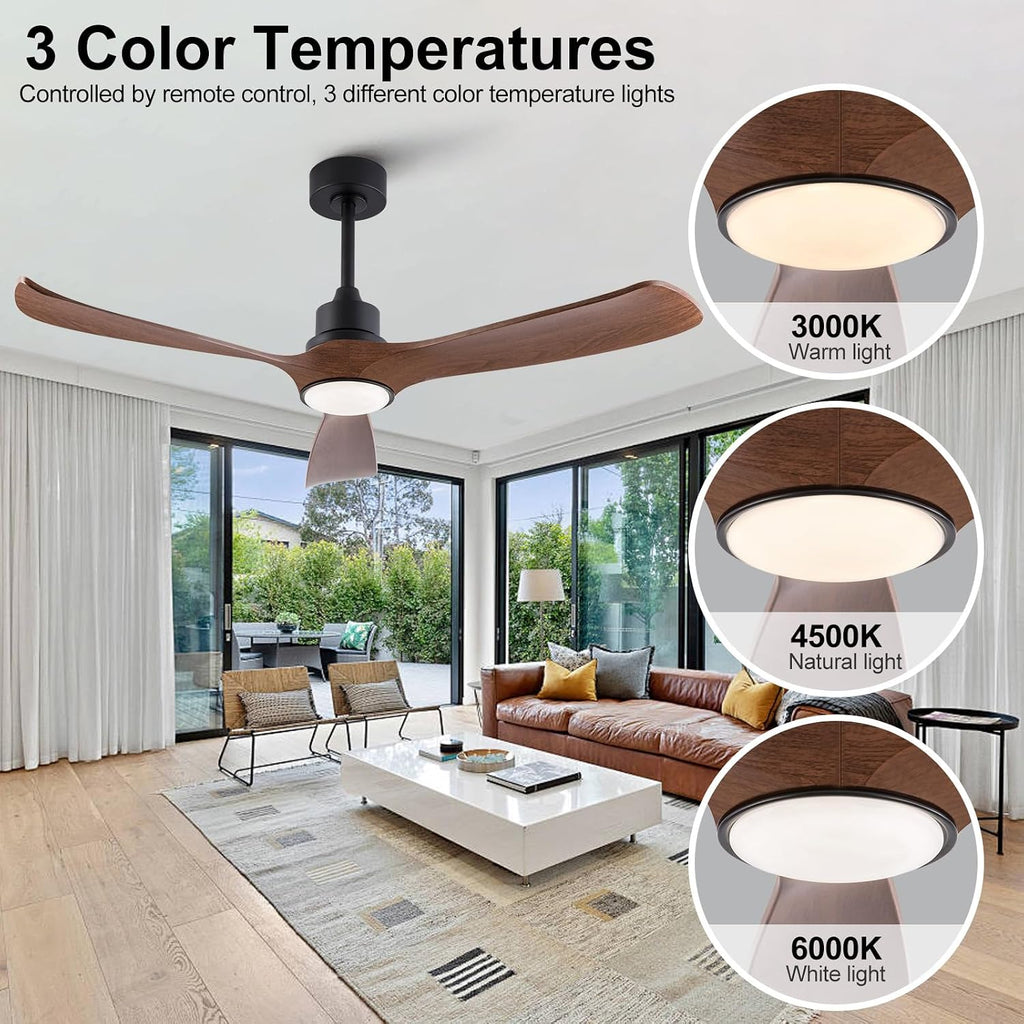 52 Inch Ceiling Fans with Lights and Remote, Memory Function Brown Ceiling Fans, Reversible Modern Ceiling Fan for Outdoor Patio Proch Gazebo Indoor Bedroom (Not Real Wood)