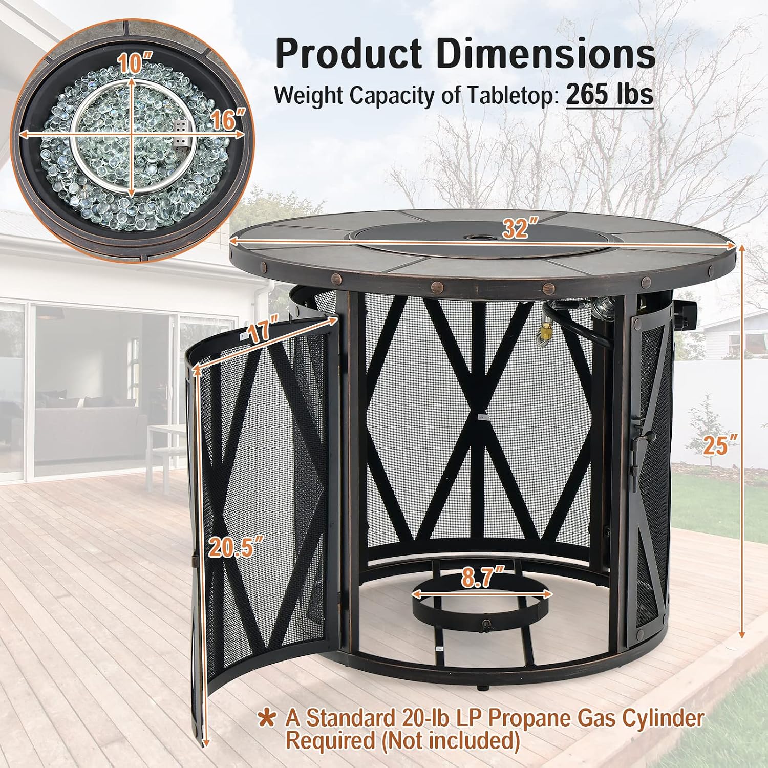 Tangkula 32 Inch Patio Round Fire Pit Table, Patiojoy 30,000 BTU Propane Gas Fire Table with Fire Glasses & PVC Cover, Ceramic Tile Tabletop, Outdoor Fire Table for Backyard, Poolside