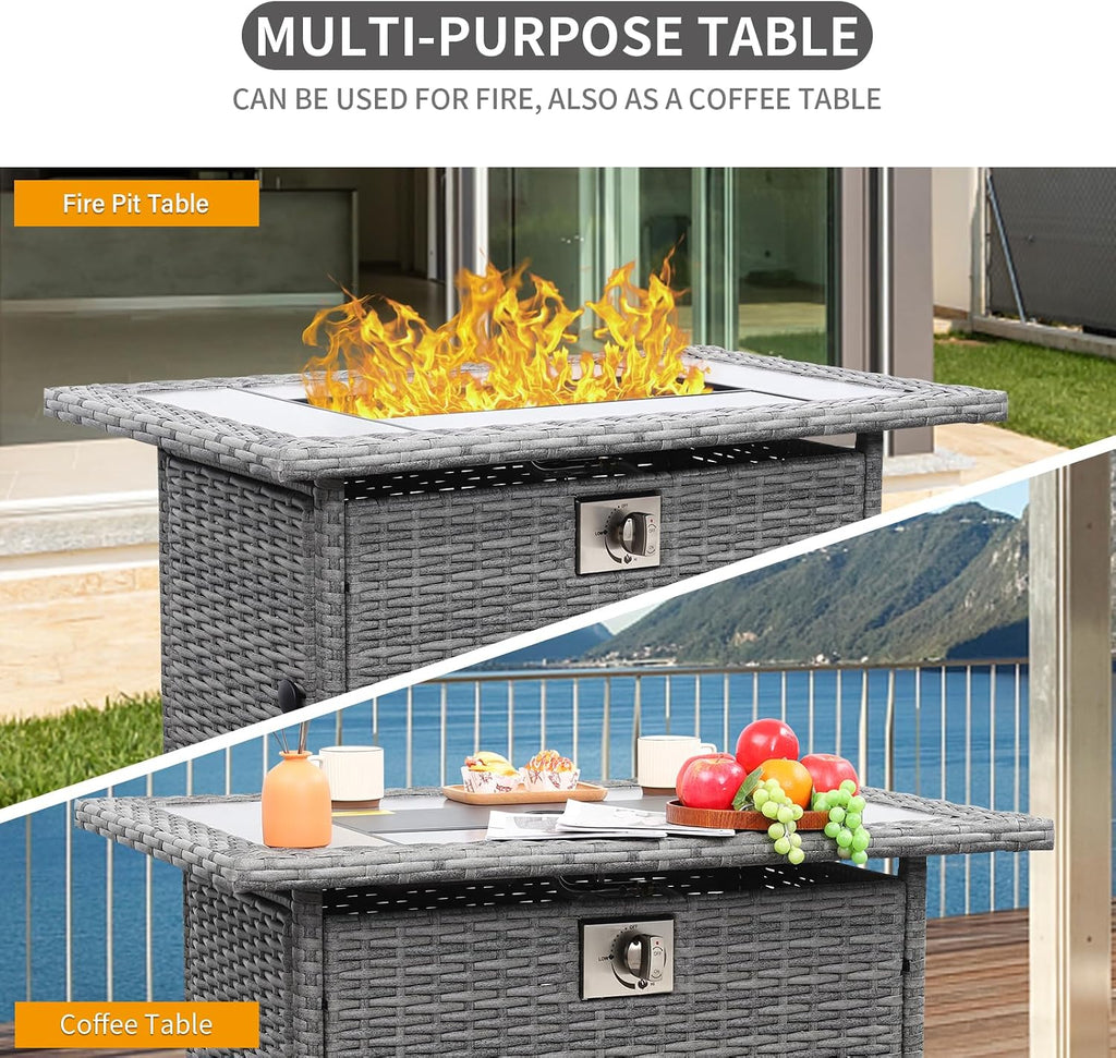 60000 BTU Wicker Gas Fire Pit Outdoor Fire Pit Table 45 Inch Fire Pits for Outside with Woodgrain Marble Tabletop Fire Pit Cover and Blue Crystal Beads