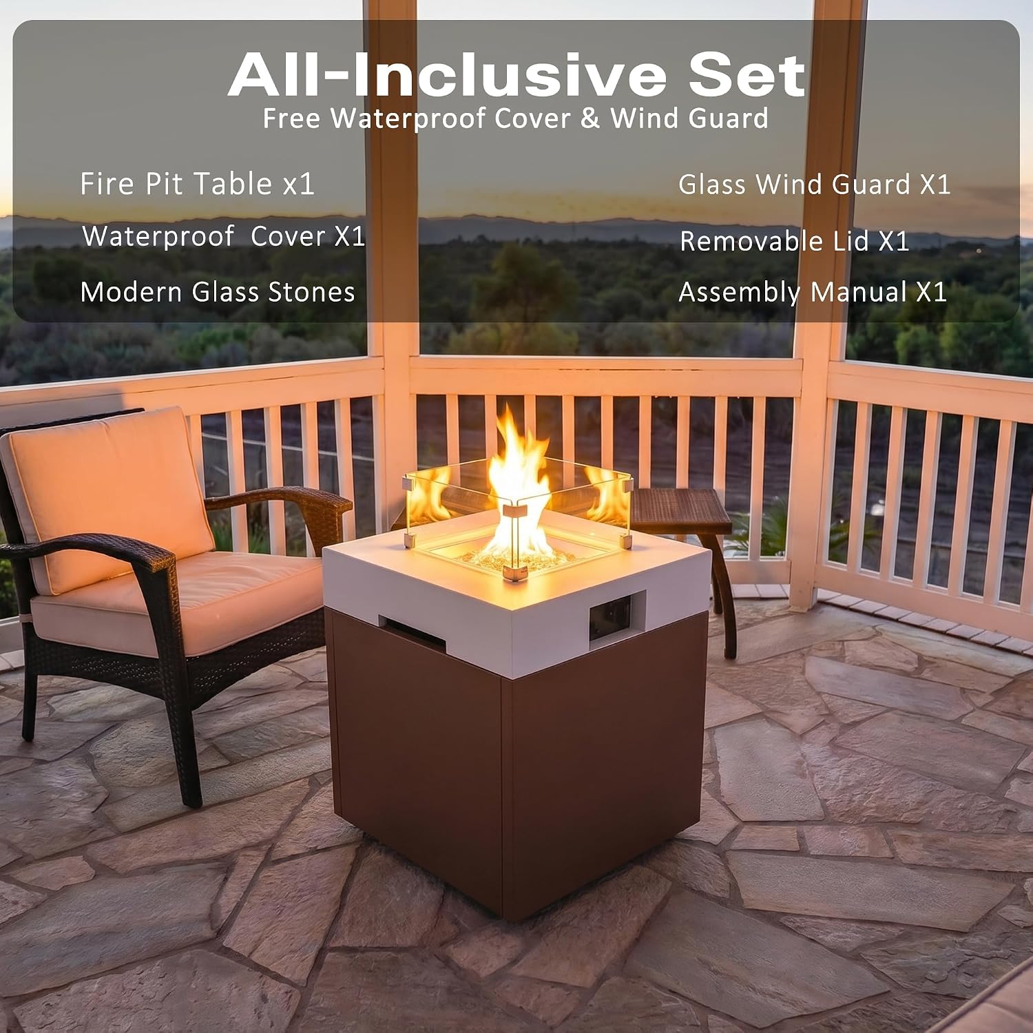 22' Aluminum Propane Fire Pit Table with 37,000 BTU, Square Outdoor Gas Fire Table with Glass Wind Guard, Glass Stones & Waterproof Cover, Patio Fire Table for Balcony, Backyard, Porch, Brown
