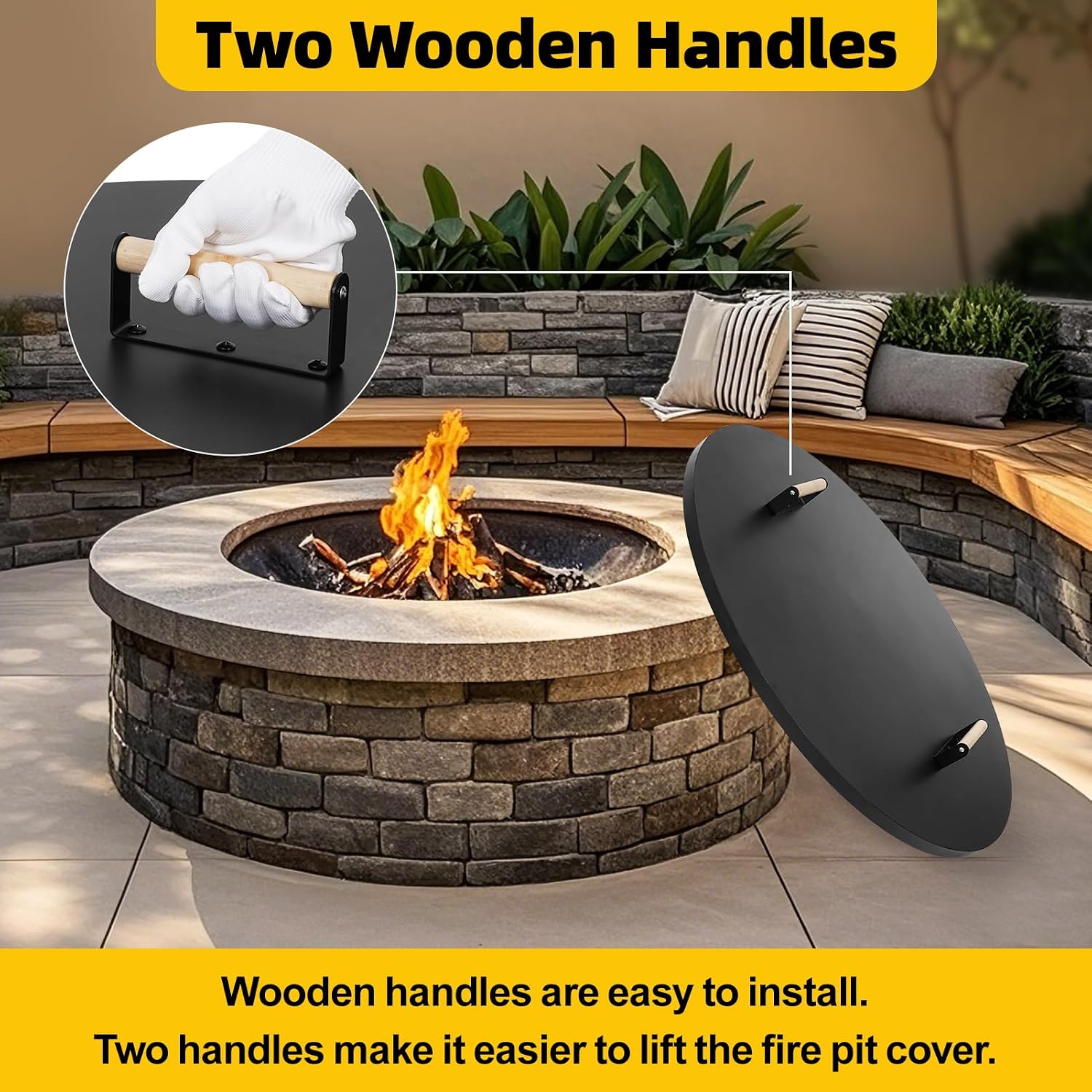 G GOOD GAIN Firepit Lid Round 36 Inch - Rust Resistant Fire Pit Lid Cover with Wooden Handle & Gloves, Fire Pit Snuffer Lid for Courtyards, Patio, Winter Cold Protection. Fits Fire Pits Up to 34'