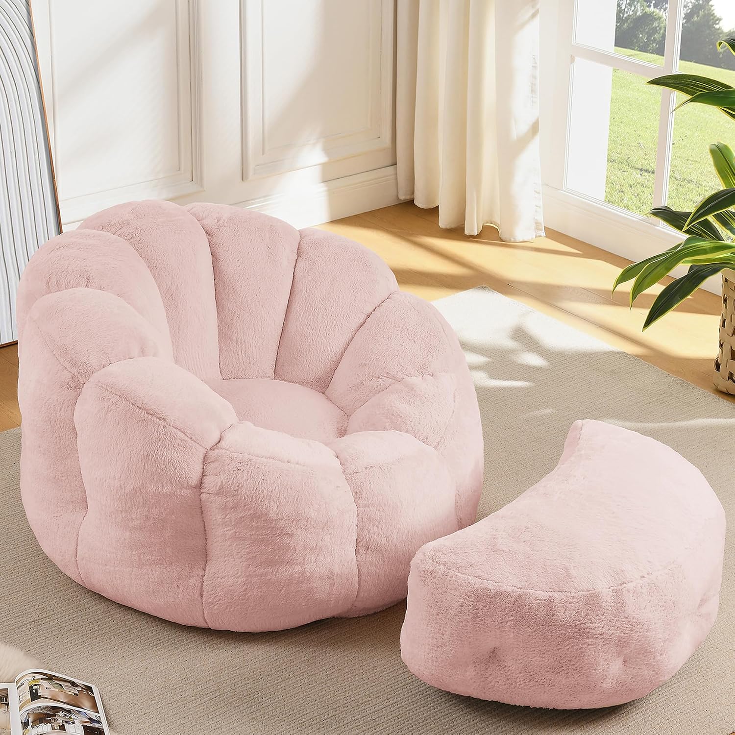 Bean Bag Chair with Ottoman, Pink Flower Bean Bag Chairs for Adults and Teens, Comfy Plush Faux Fur Reading Chair for Living Room, Bedroom, Apartment, Dorm