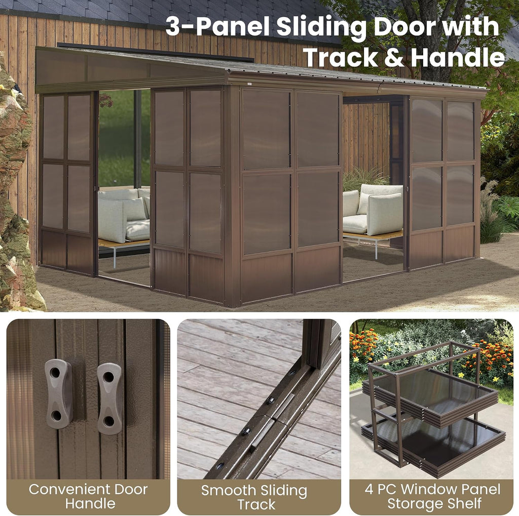 Domi 12x14FT Wall Mounted Sunroom, Against Wall Solarium with Galvanized Steel Sloping Roof, Detachable PVC Screen, Lockable Sliding Front and Side Doors, Lean-to Gazebo Sun Room for Deck Patio