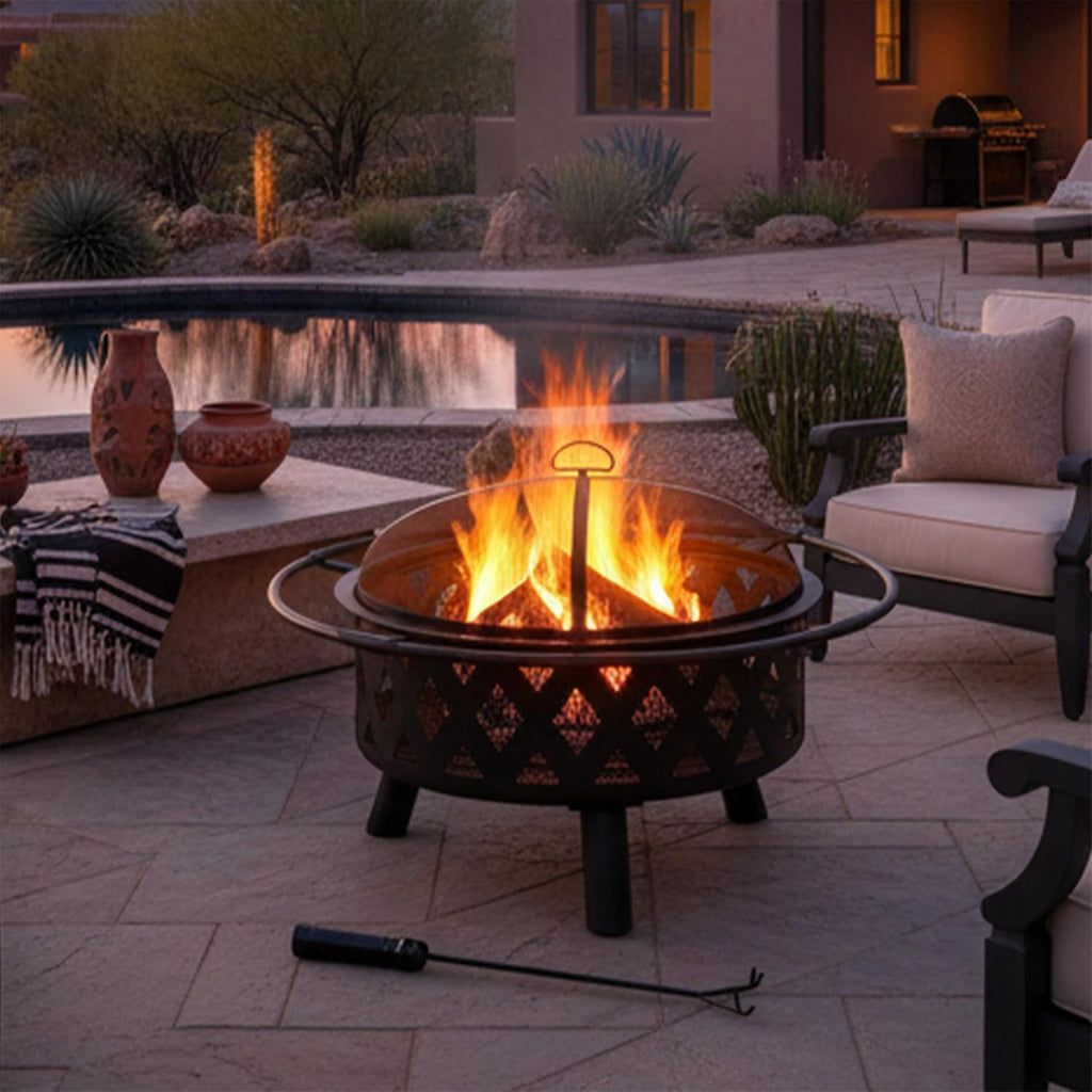 Sunnydaze Crossweave Outdoor Fire Pit - Wood-Burning Fire Pit for Outside with Spark Screen, Poker and Round Cover - 30-Inch - Black