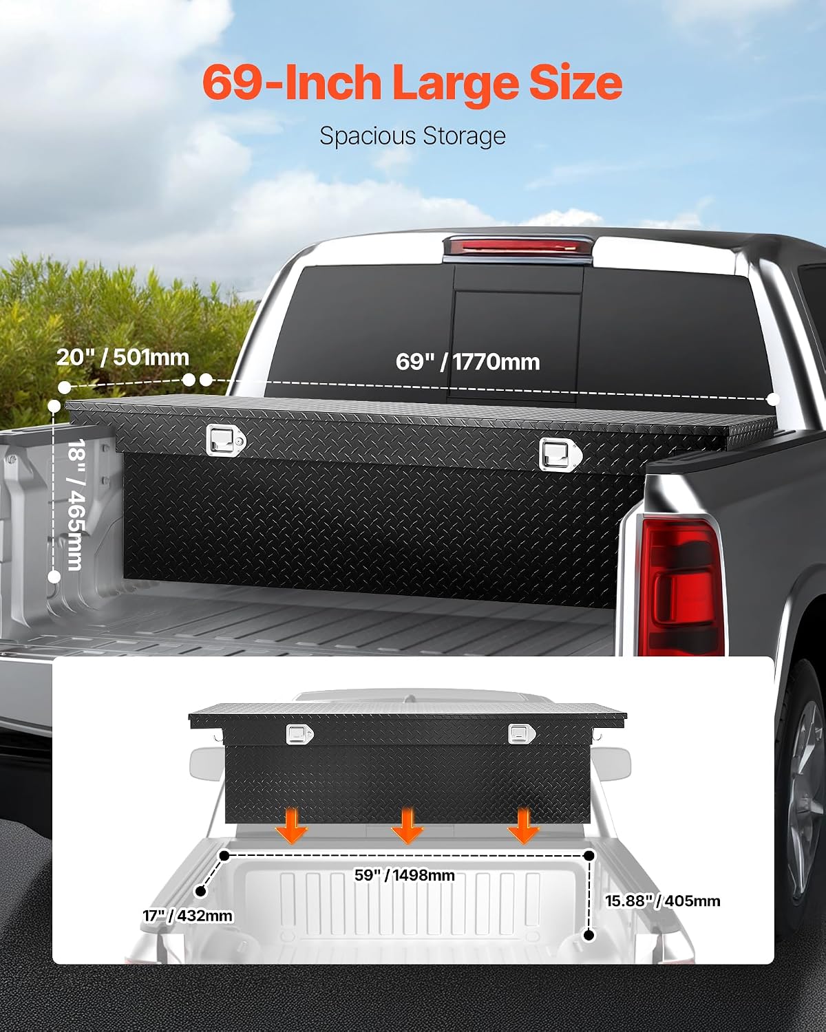 VEVOR Crossover Truck Tool Box, 69x20x18 In, Heavy Duty Aluminum Toolbox with Diamond Texture, Pick Up Truck Bed RV Trailer Toolbox, Waterproof Storage Organizer with Lock, Keys, Side Handles, Black