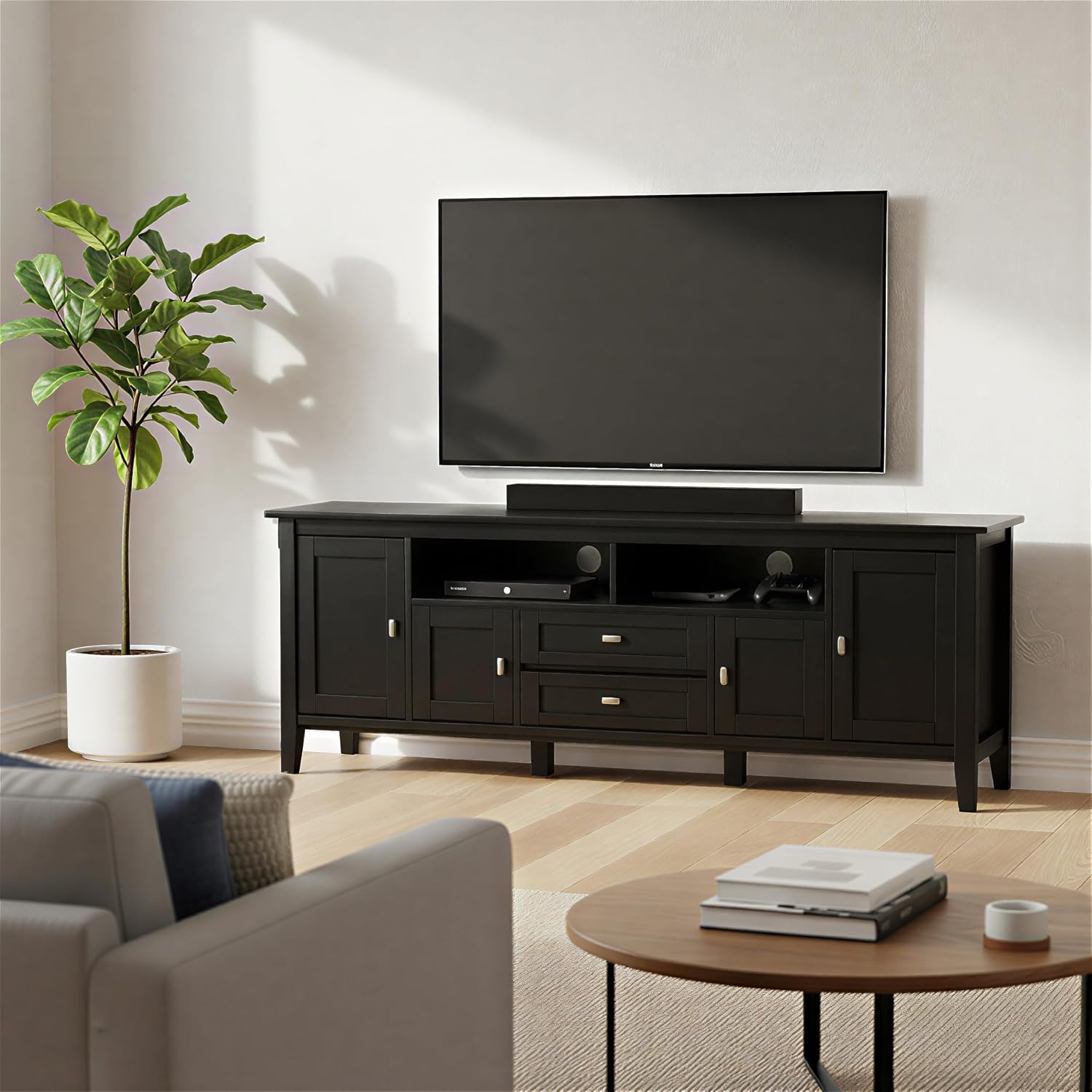 SIMPLIHOME Warm Shaker TV Stand - 72 inch Wide Solid Wood Media Console in Black, Transitional Entertainment Center for Living Room for TVs up to 80 Inches with Cabinets and Cable Management