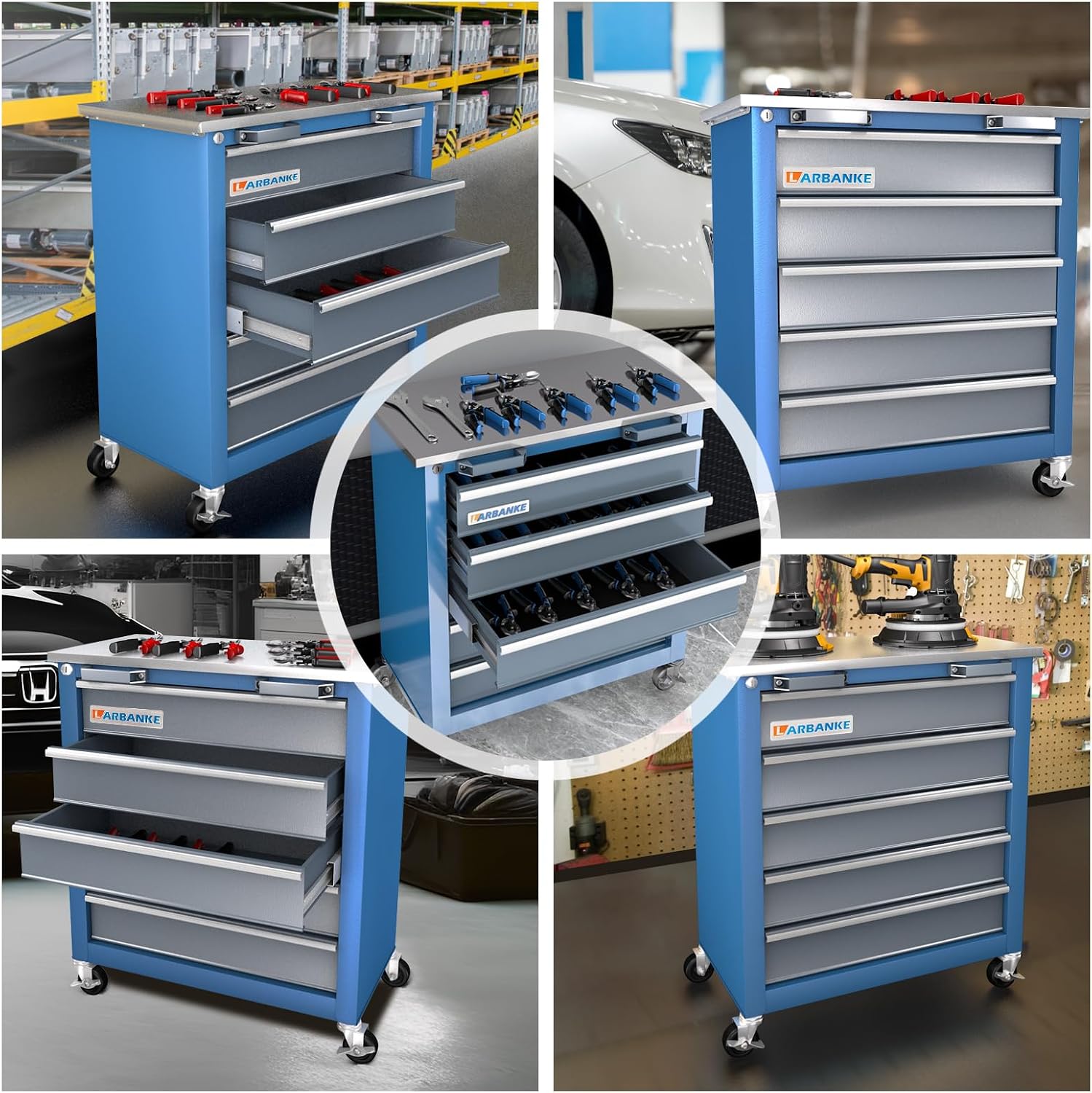 LARBANKE 5-Drawer Tool Chest, Rolling Tool Chest with Wheels, Foot Pads&Locking System,Mobile Storage Tool Cabinet with Stainless Steel Top,Connect Units for A Large Workstation for Office,Garage&Home