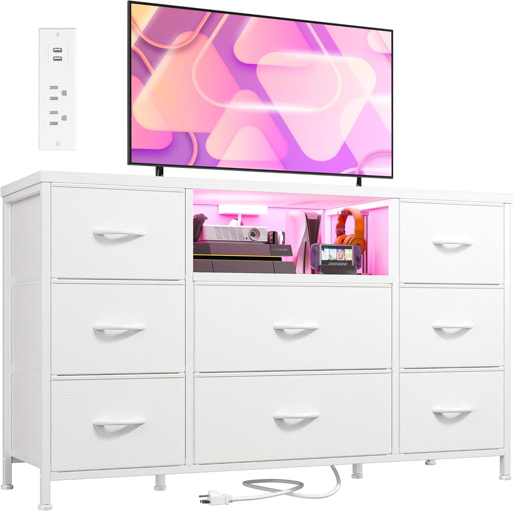 White Dresser for Bedroom with LED Lights & Charging Station, Dresser TV Stand for Bedroom with 8 Drawer for 55 inch TV, Fabric Dressers & Chests of Drawers with Open Shelves for Hallway Entryway