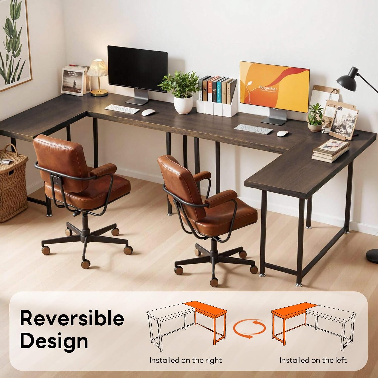 ivinta L Shaped Desk, Modern Corner Home Office Computer Desk with 2' Thicker Desktop for Study Work, Simple Reversible Worksation with Metal Frame for Bedroom Living Room Novas (Brown)