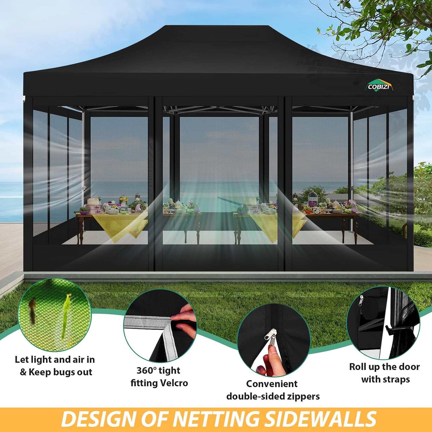 COBIZI 10x15 Canopy Tent with 4 Sidewalls,Heavy Duty Pop up Canopy with Mosquito Netting,Easy up Screen Tent for Parties Wedding Patio with Handbag,Black