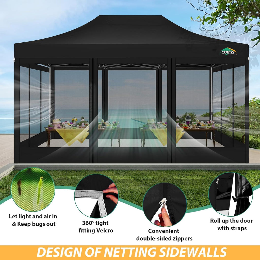 COBIZI 10x15 Heavy Duty Pop up Canopy with 4 Sidewalls, Canopy Tent with Mosquito Netting, Easy up Screen Party Tents for Parties Wedding Patio Backyard Commercial Gazebo with Handbag, Black